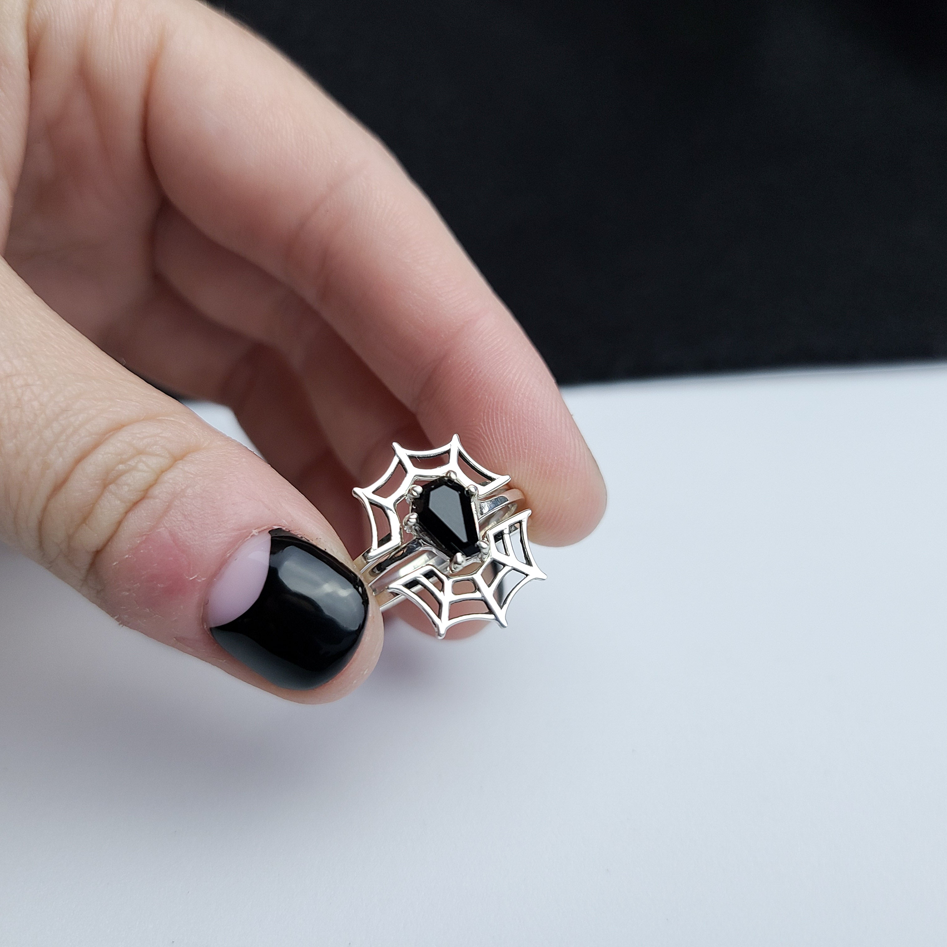 Small Coffin Sterling Silver Ring & Spider Web Set of 3 Rings - Inchoo Bijoux