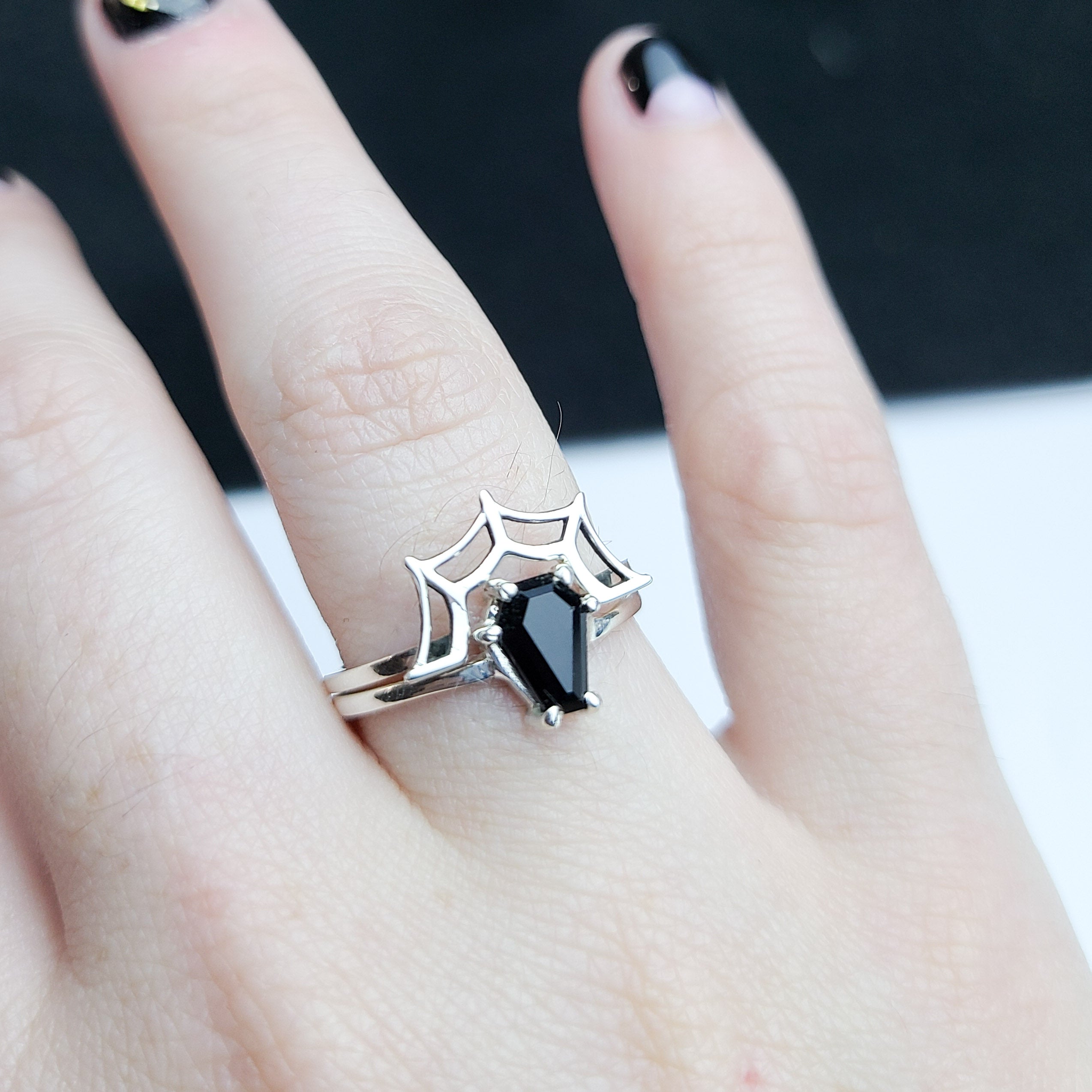 Small Coffin Sterling Silver Ring & Spider Web Set of 3 Rings - Inchoo Bijoux