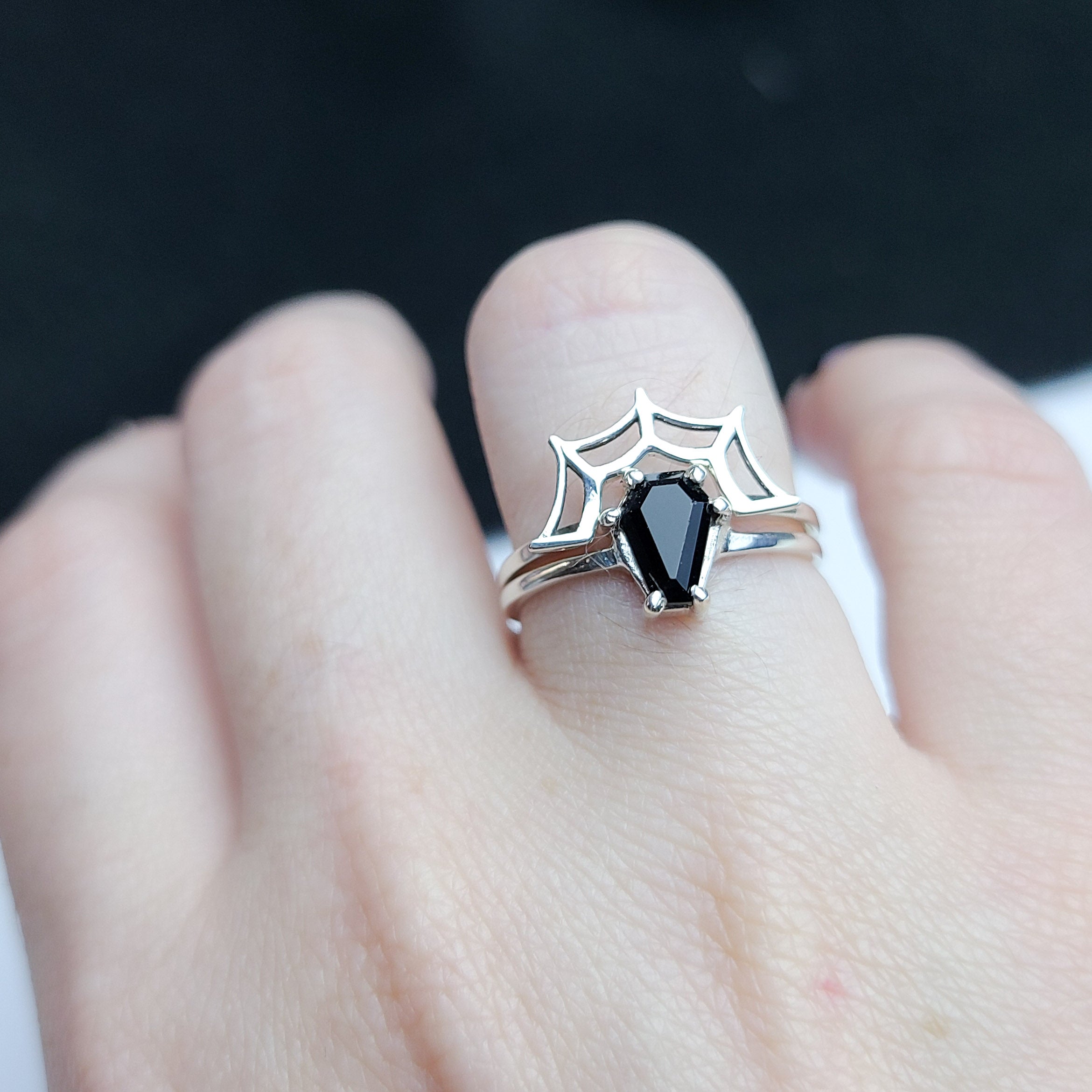 Small Coffin Sterling Silver Ring & Spider Web Set of 3 Rings - Inchoo Bijoux