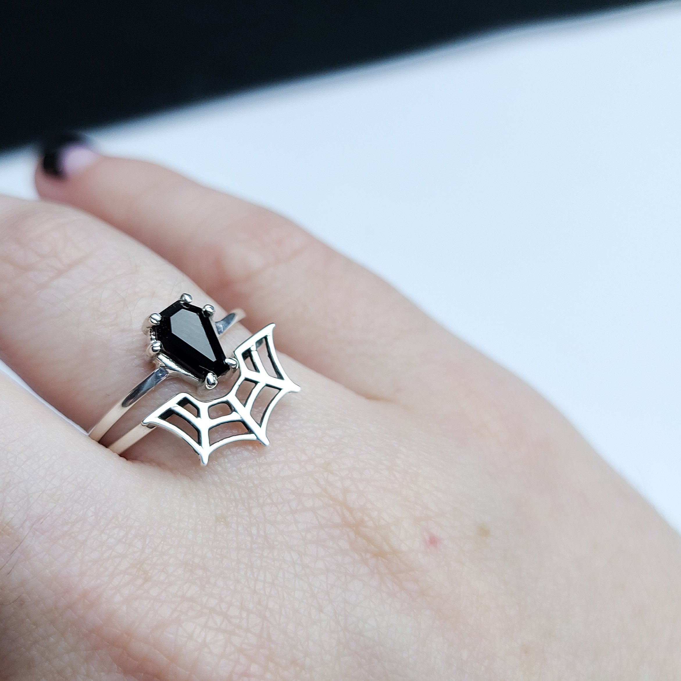 Small Coffin Sterling Silver Ring & Spider Web Set of 3 Rings - Inchoo Bijoux
