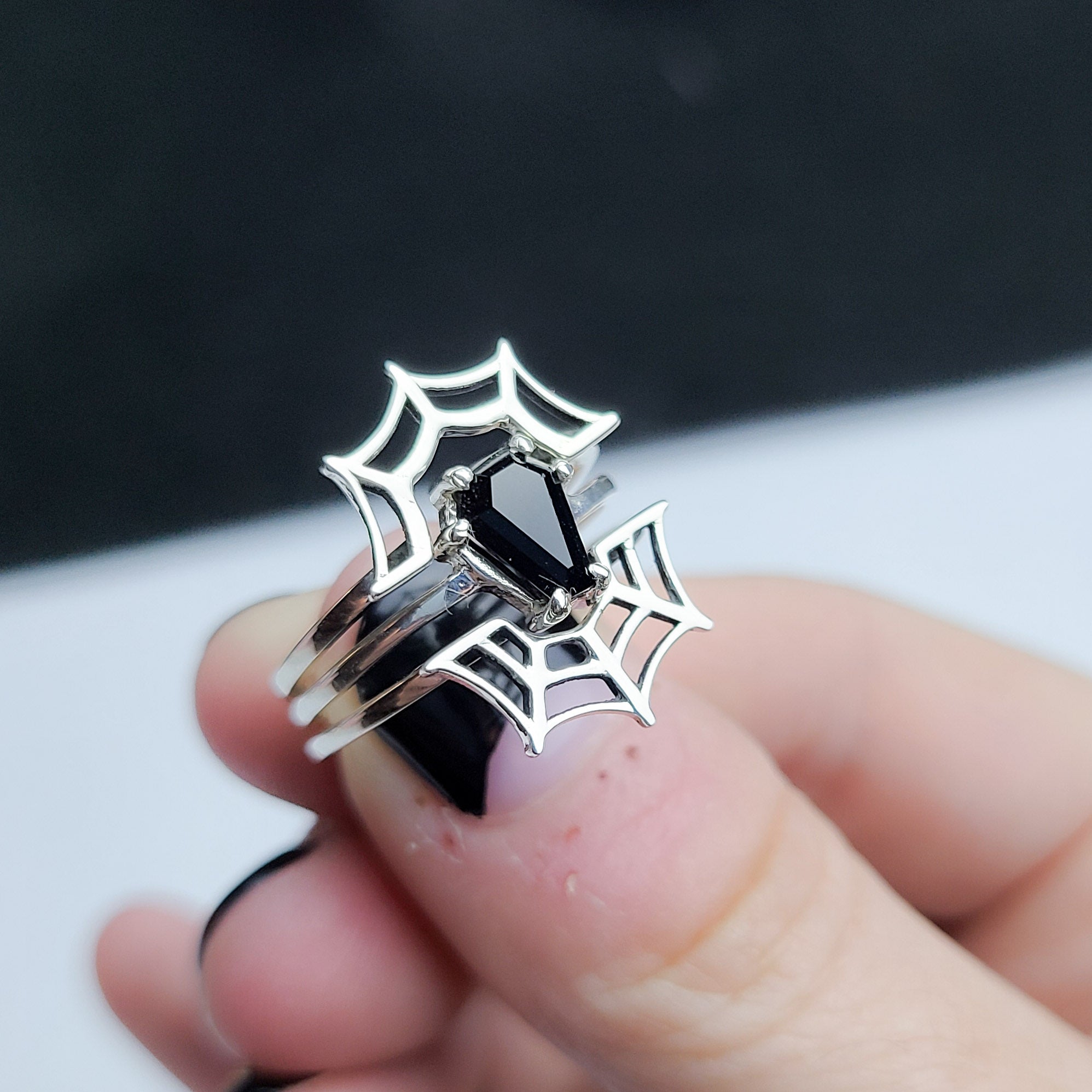 Small Coffin Sterling Silver Ring & Spider Web Set of 3 Rings - Inchoo Bijoux