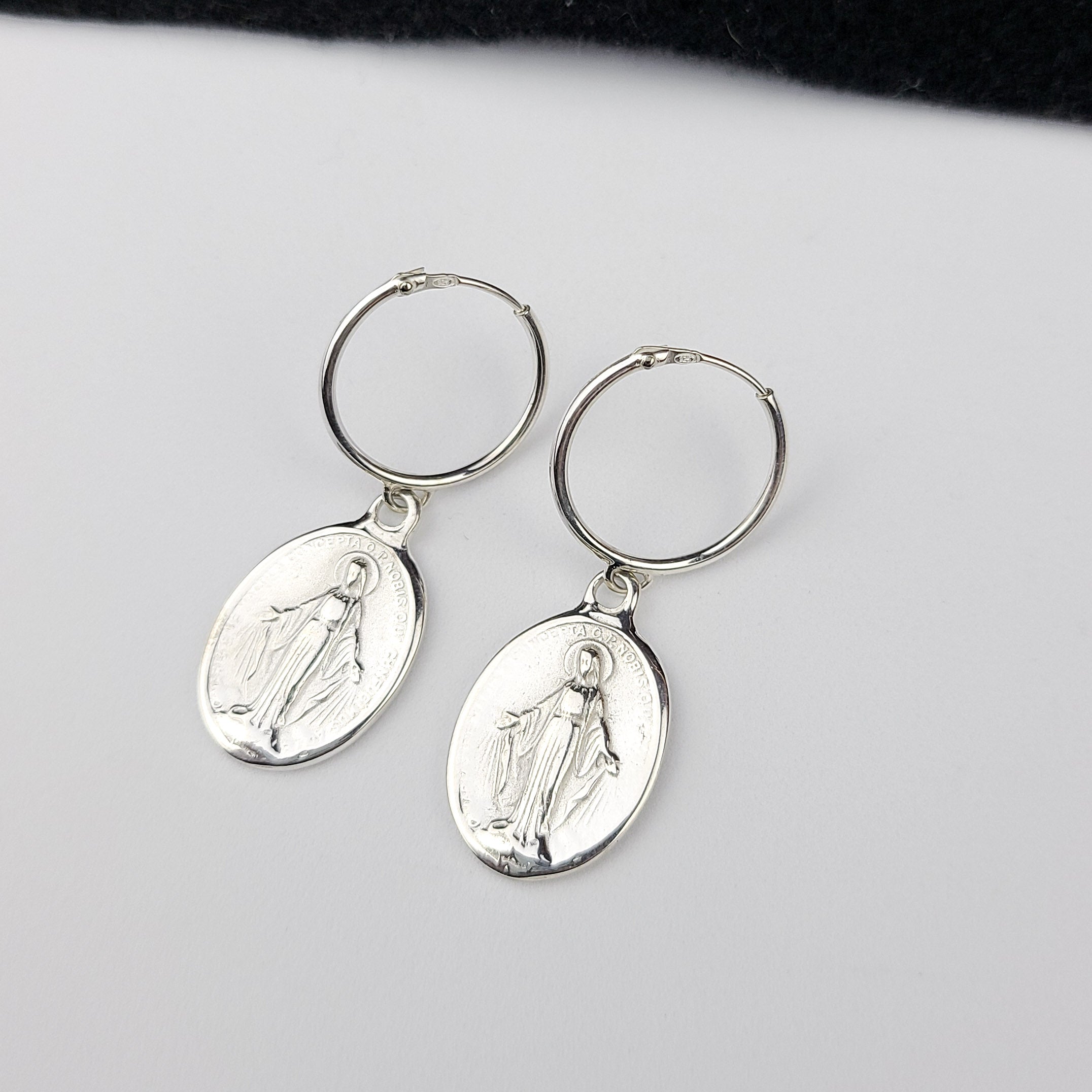 Oval Virgin Mary Medallion Hoop Earrings