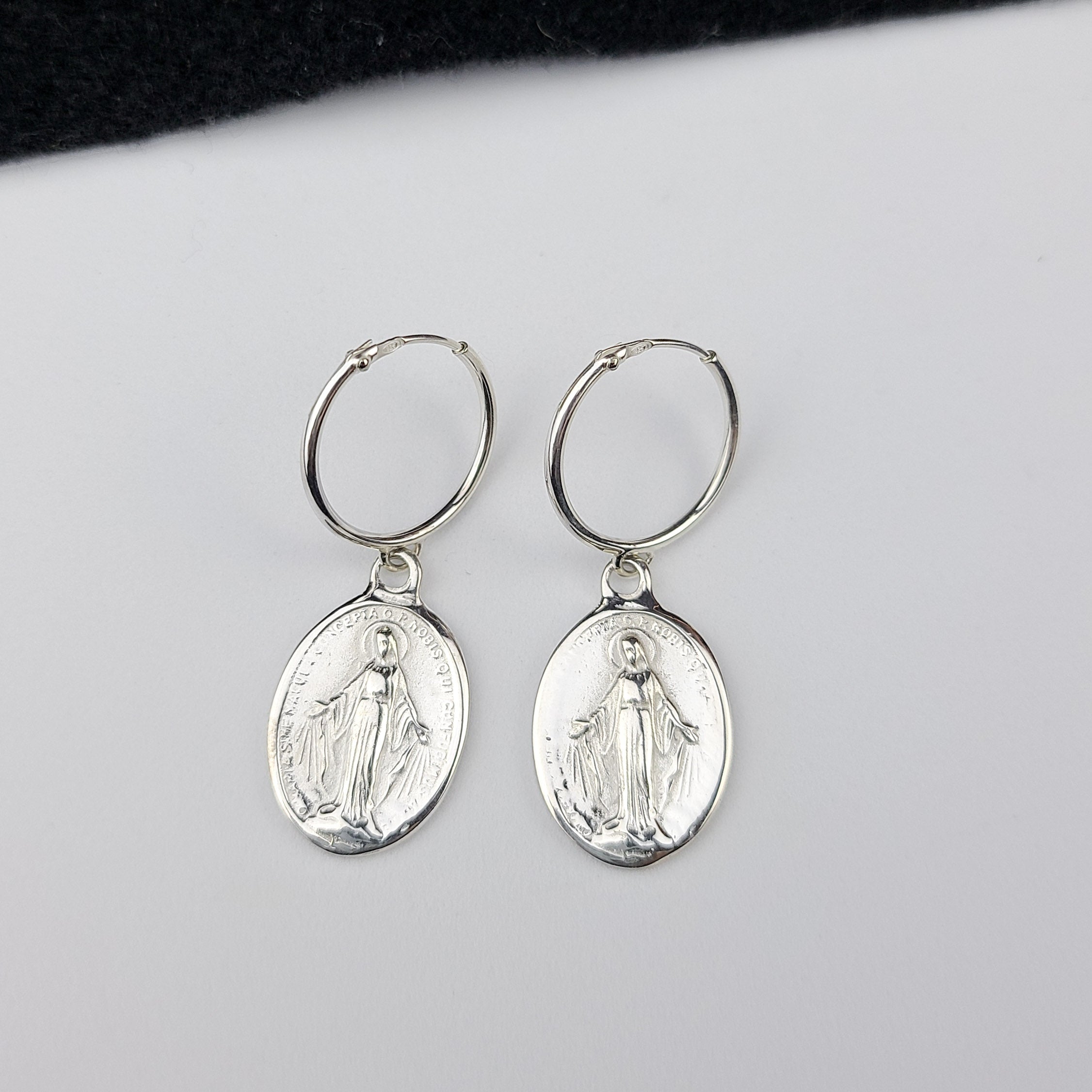 Oval Virgin Mary Medallion Hoop Earrings