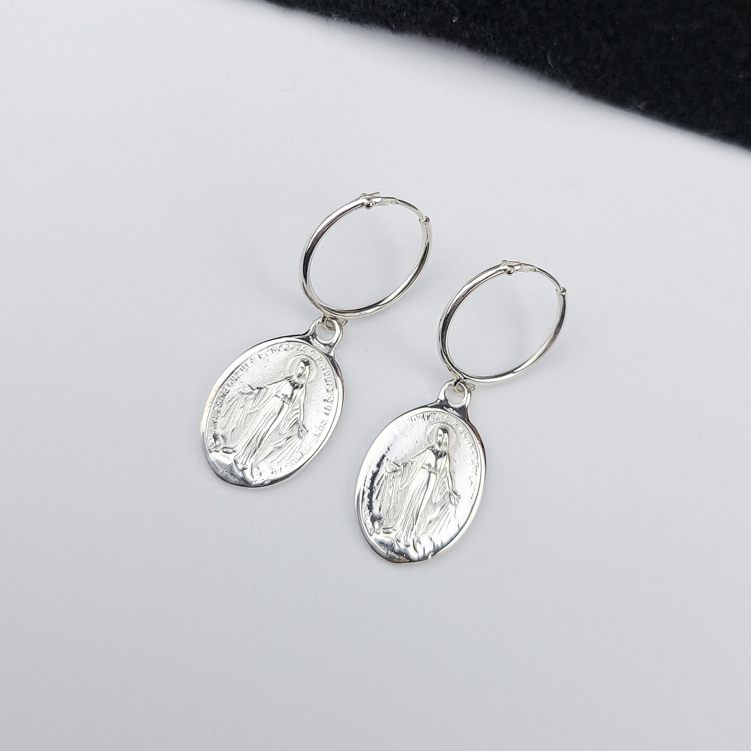 Oval Virgin Mary Medallion Hoop Earrings