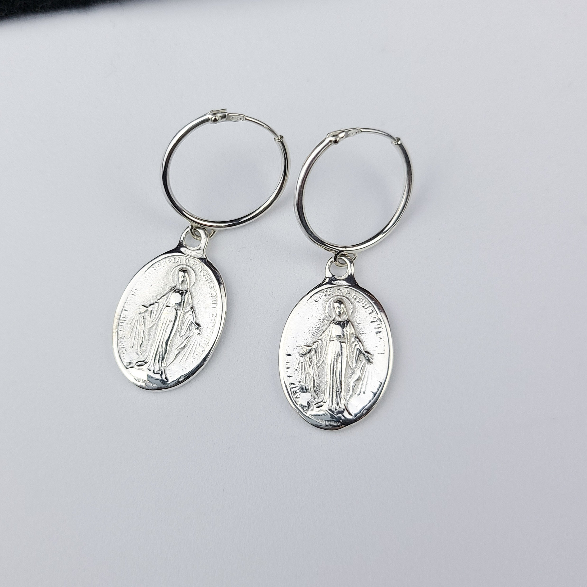 Oval Virgin Mary Medallion Hoop Earrings