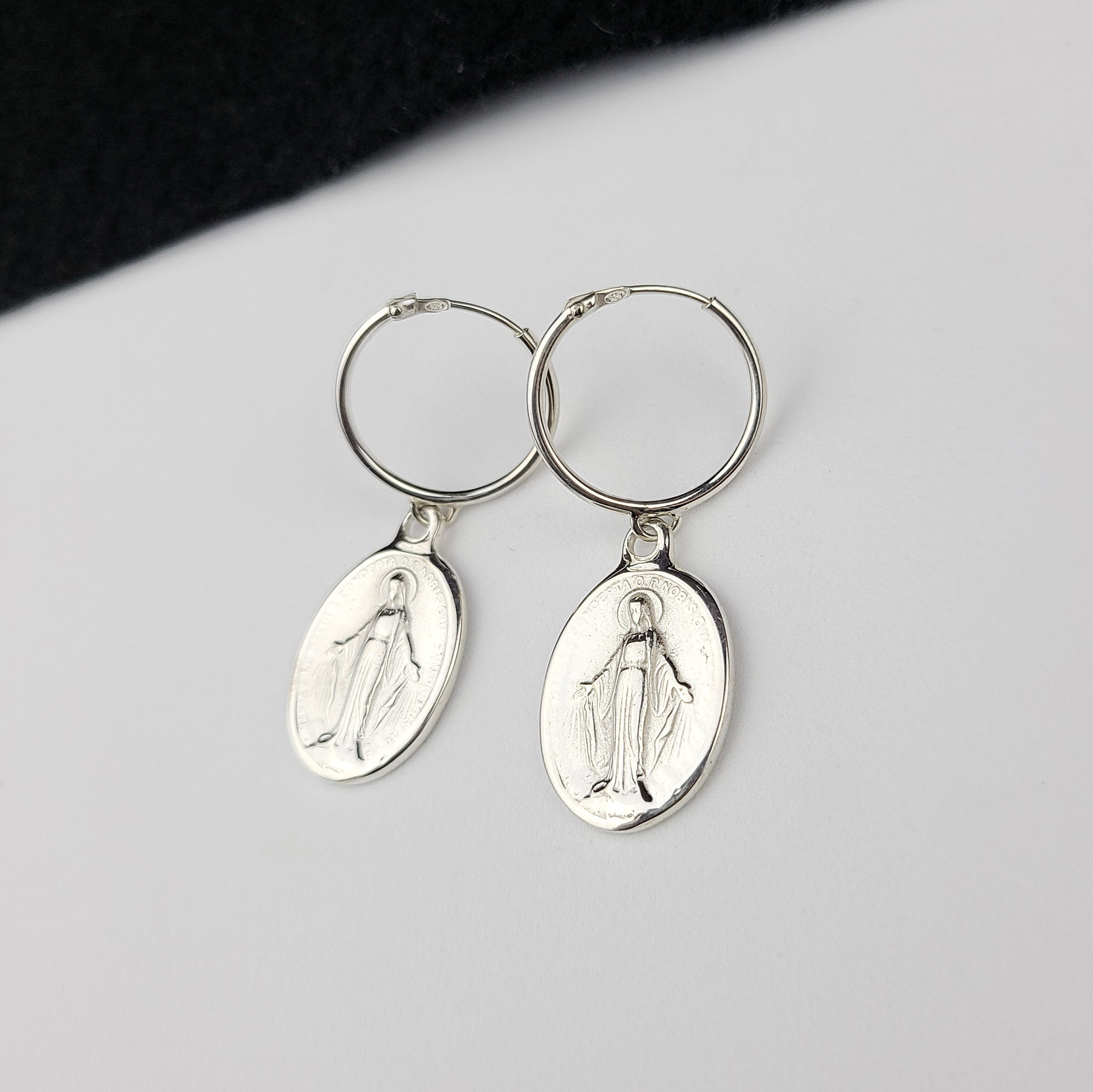 Oval Virgin Mary Medallion Hoop Earrings