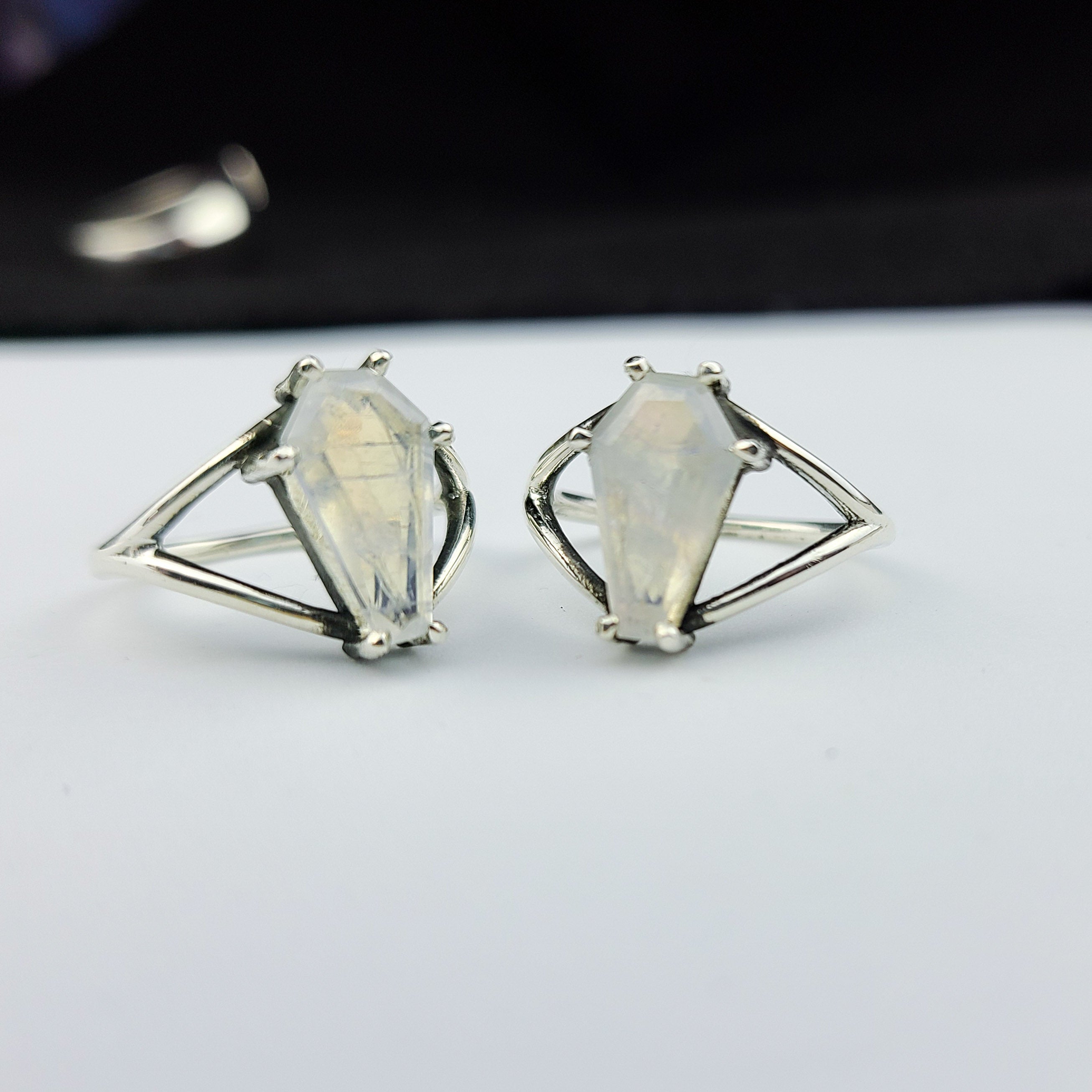 Big Rainbow Moonstone Coffin Ring (8x13) - Inchoo Bijoux