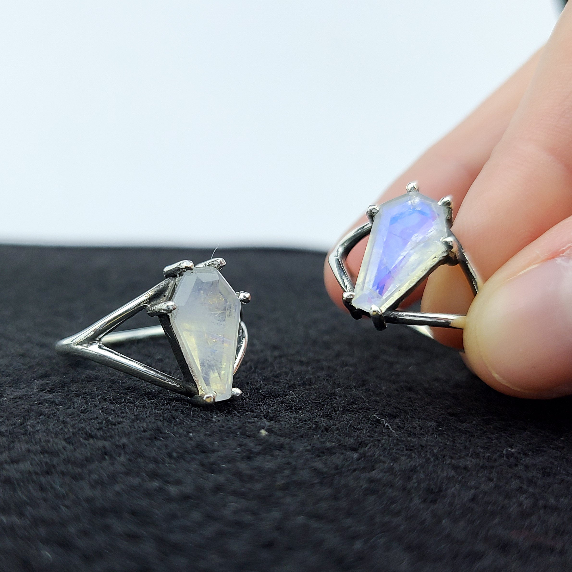 Big Rainbow Moonstone Coffin Ring (8x13) - Inchoo Bijoux