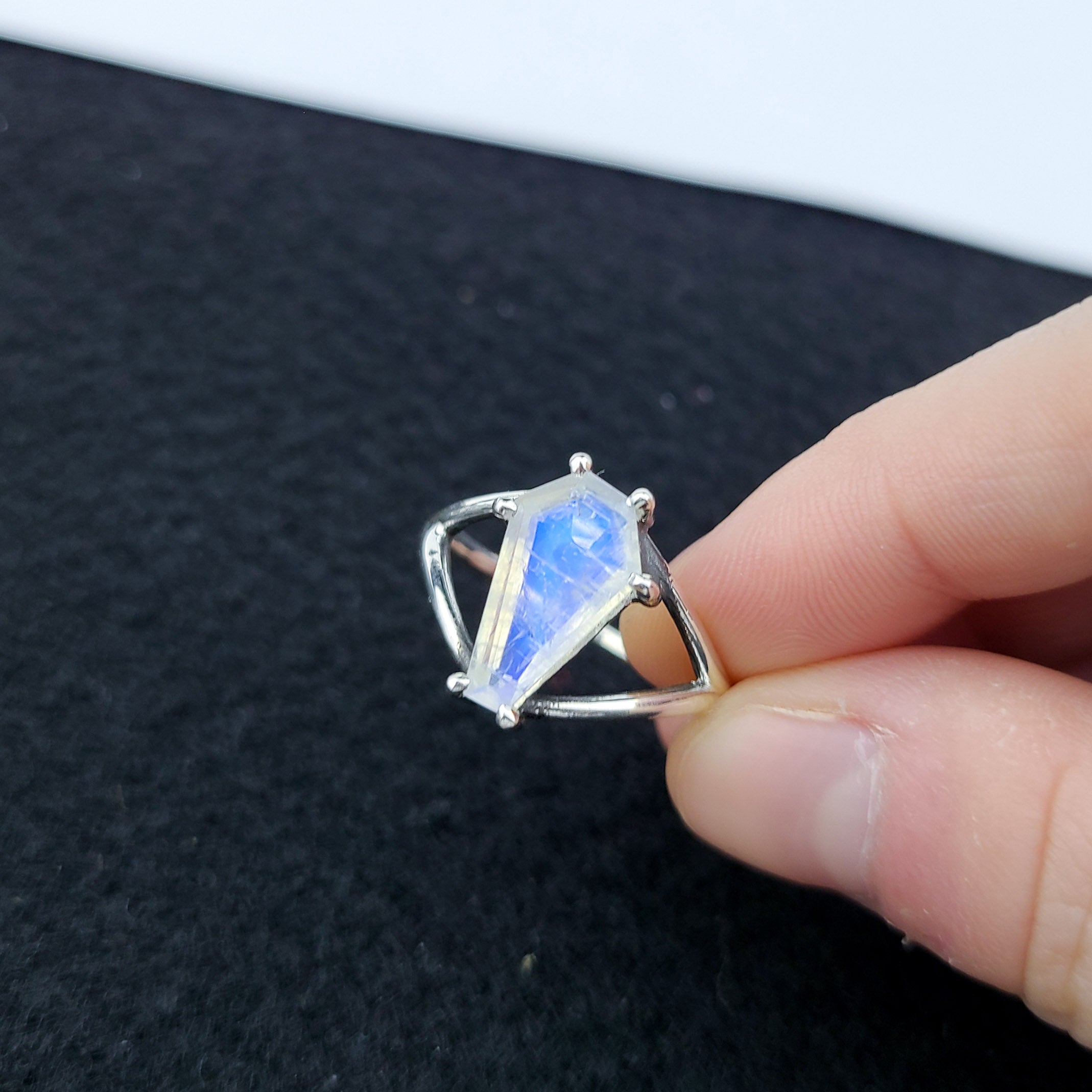 Big Rainbow Moonstone Coffin Ring (8x13) - Inchoo Bijoux
