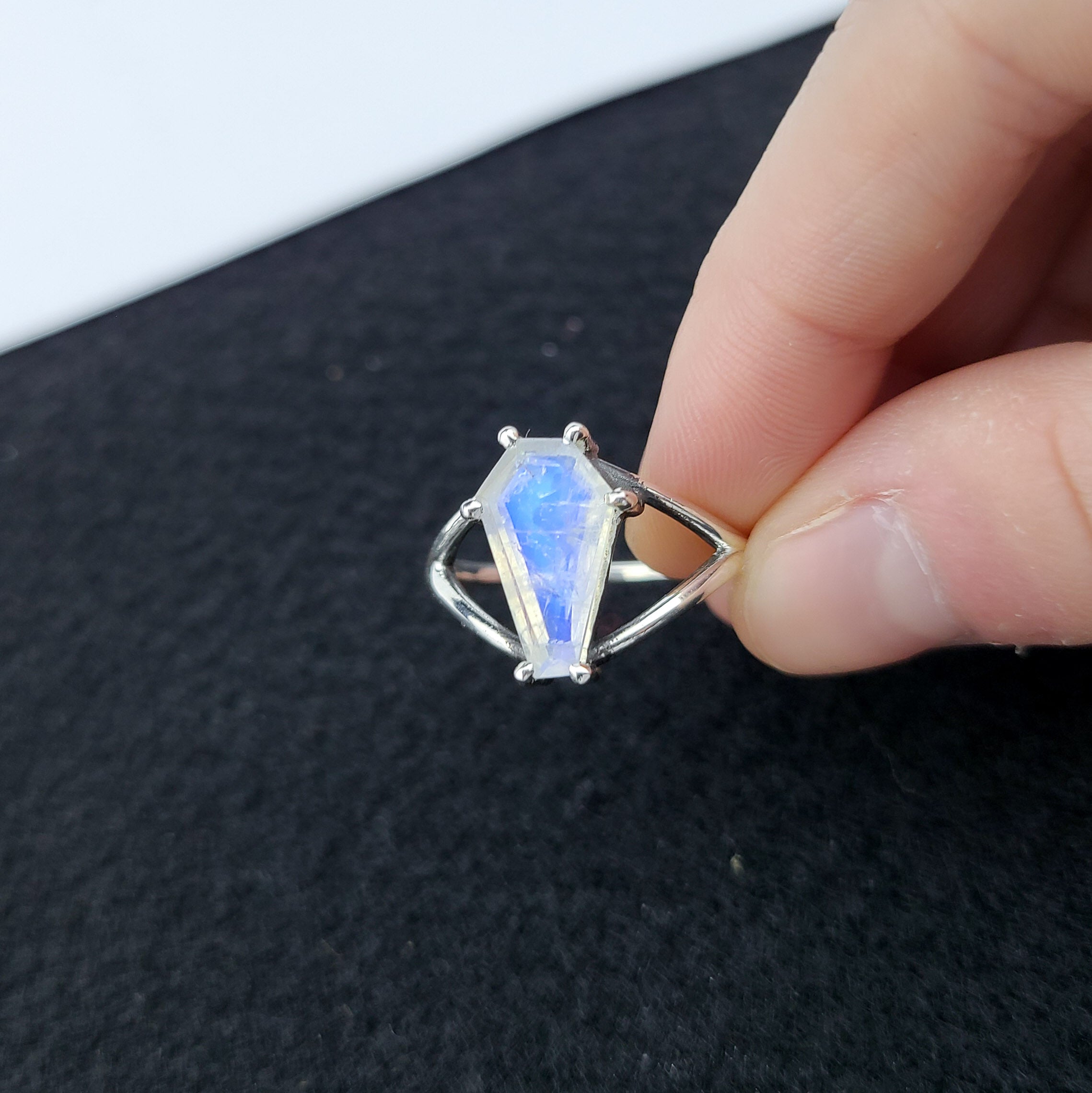 Big Rainbow Moonstone Coffin Ring (8x13) - Inchoo Bijoux