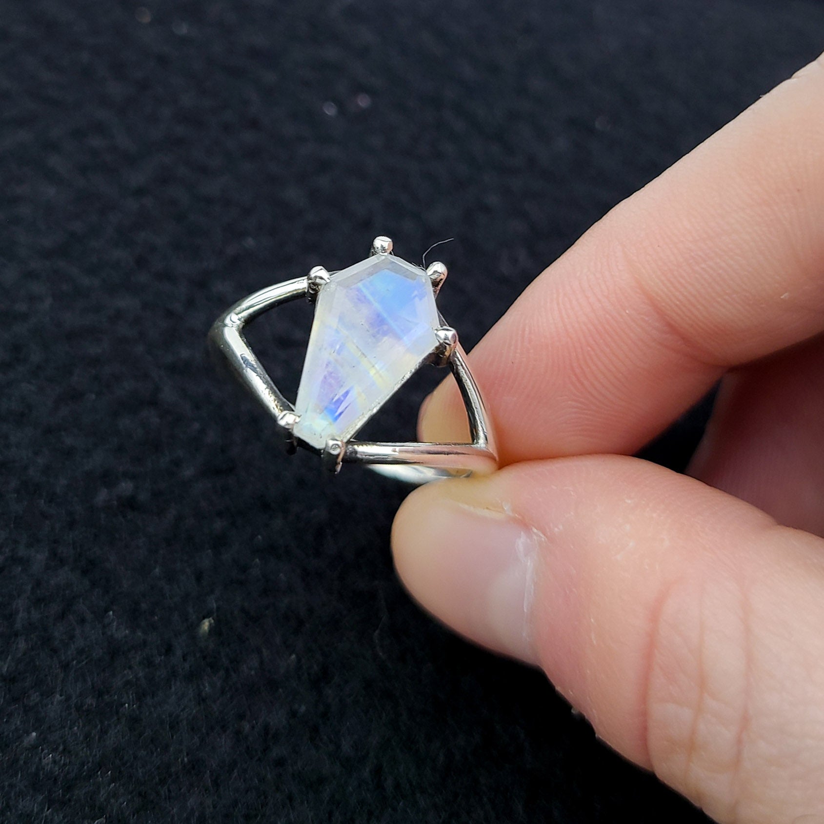Big Rainbow Moonstone Coffin Ring (8x13) - Inchoo Bijoux