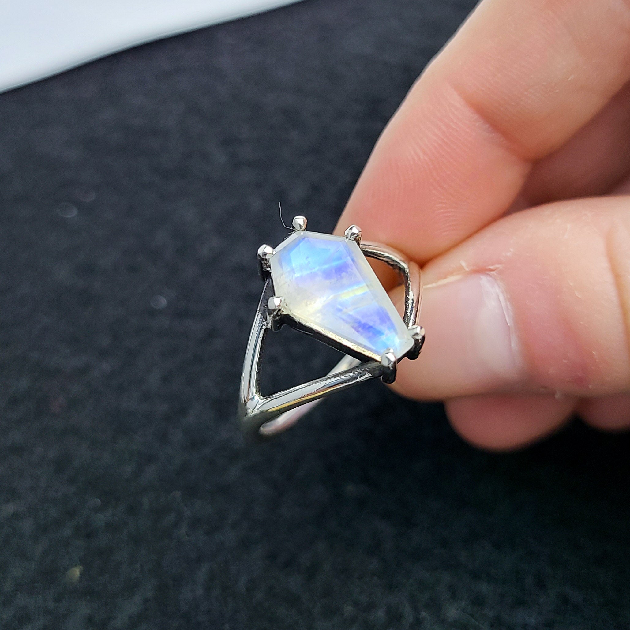 Big Rainbow Moonstone Coffin Ring (8x13) - Inchoo Bijoux