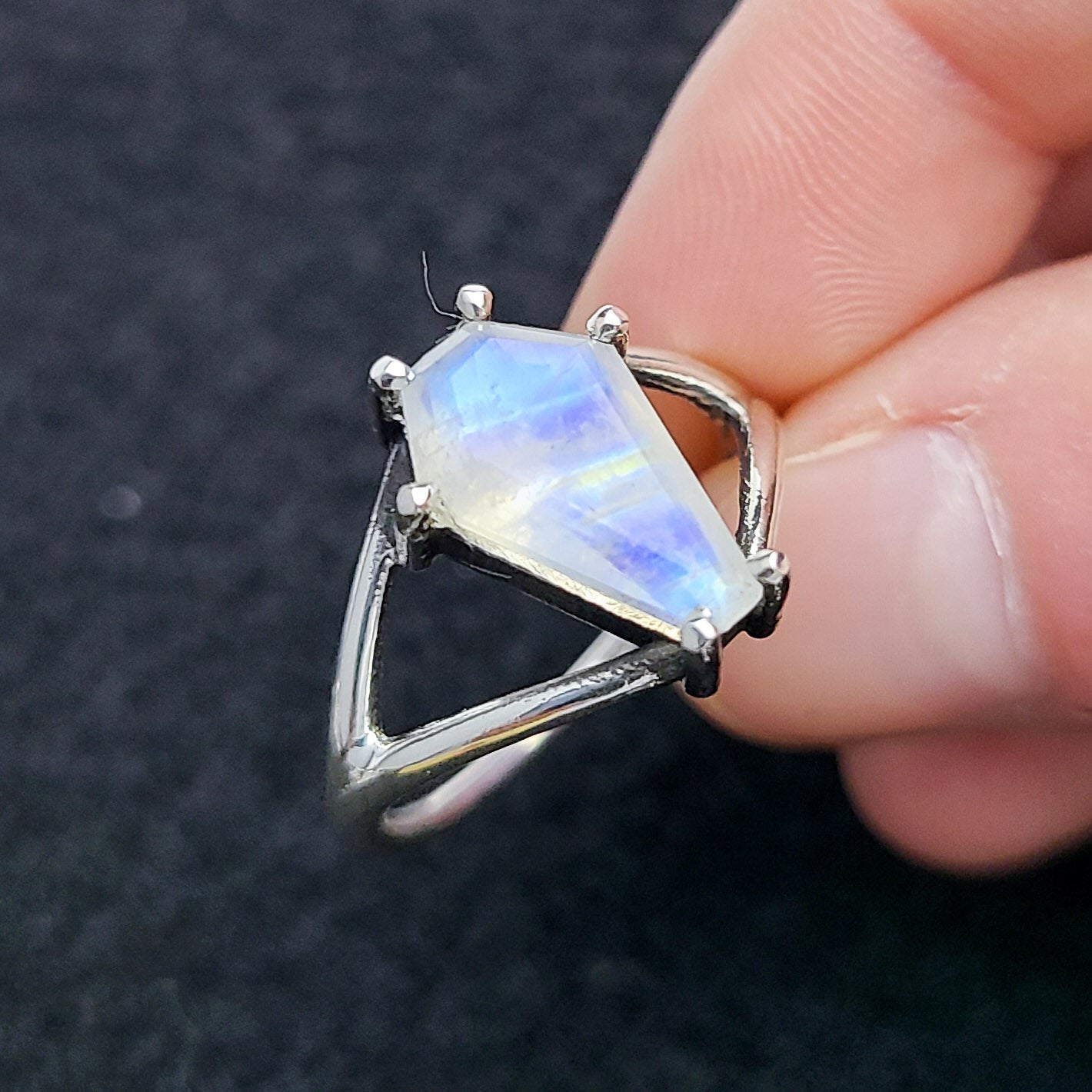 Big Rainbow Moonstone Coffin Ring with Baroque Lace Stacking Ring Combo - Inchoo Bijoux