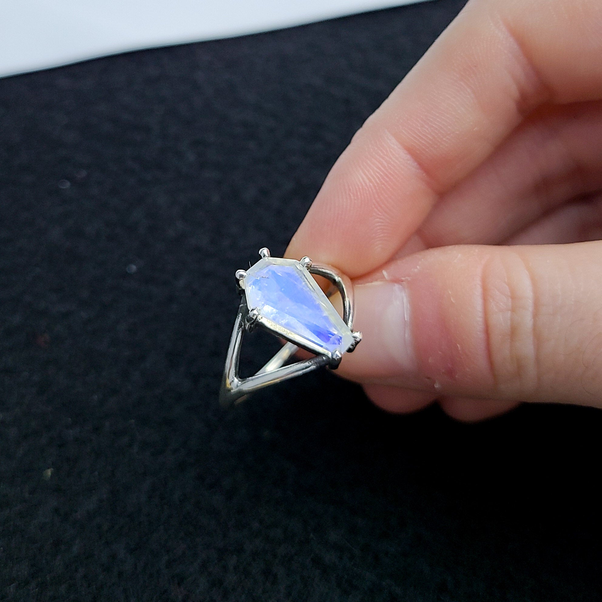 Big Rainbow Moonstone Coffin Ring (8x13) - Inchoo Bijoux