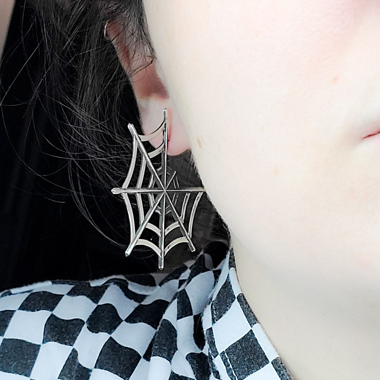 Silver Big Spider Web Hoops Earrings