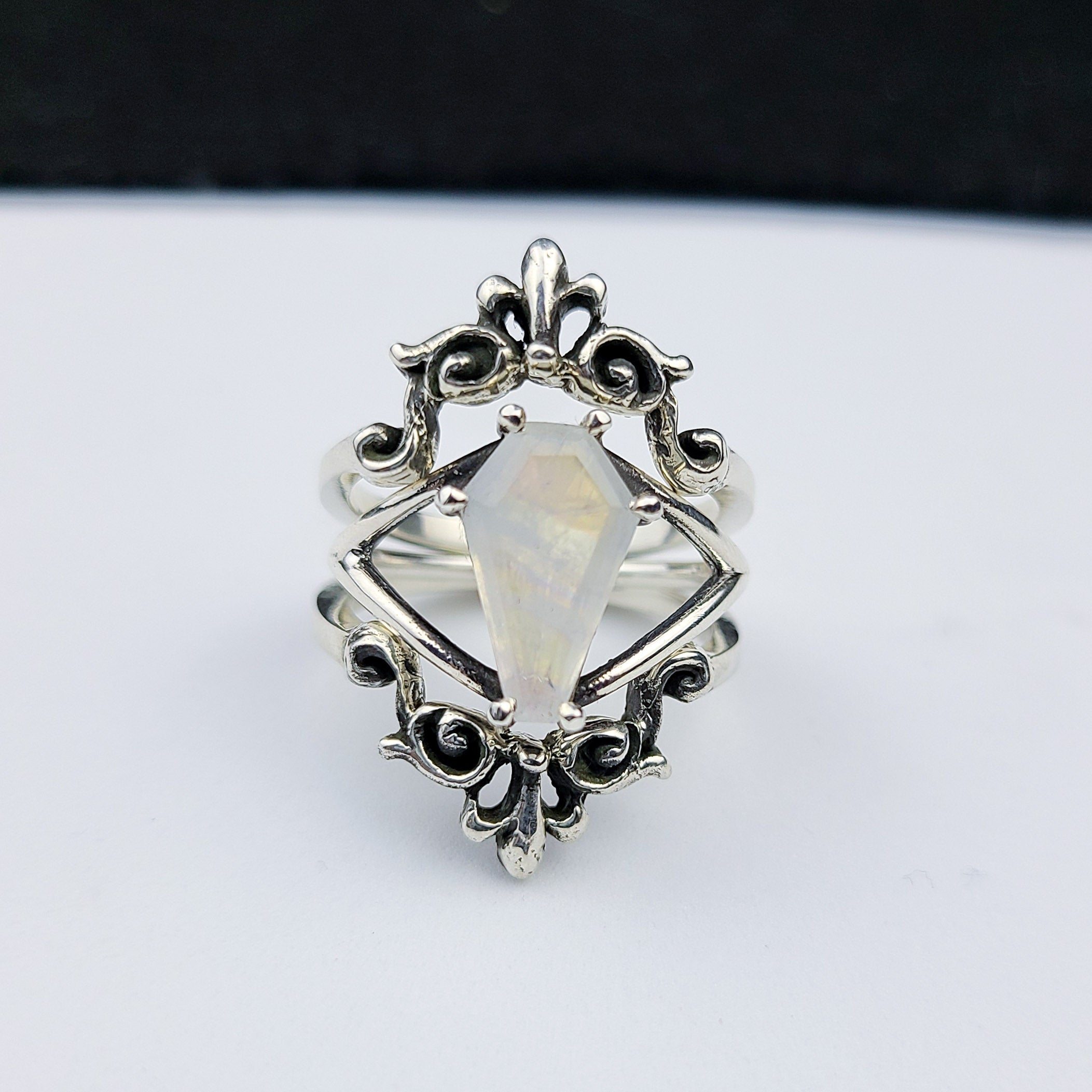 Big Rainbow Moonstone Coffin Ring with Baroque Lace Stacking Ring Combo - Inchoo Bijoux