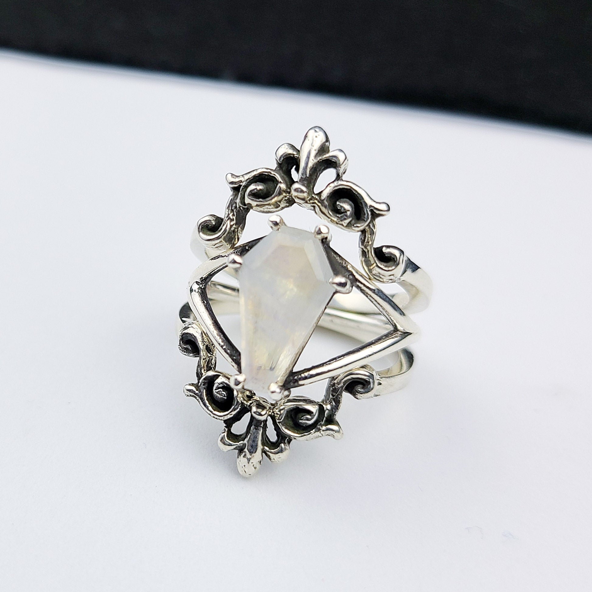 Big Rainbow Moonstone Coffin Ring with Baroque Lace Stacking Ring Combo - Inchoo Bijoux