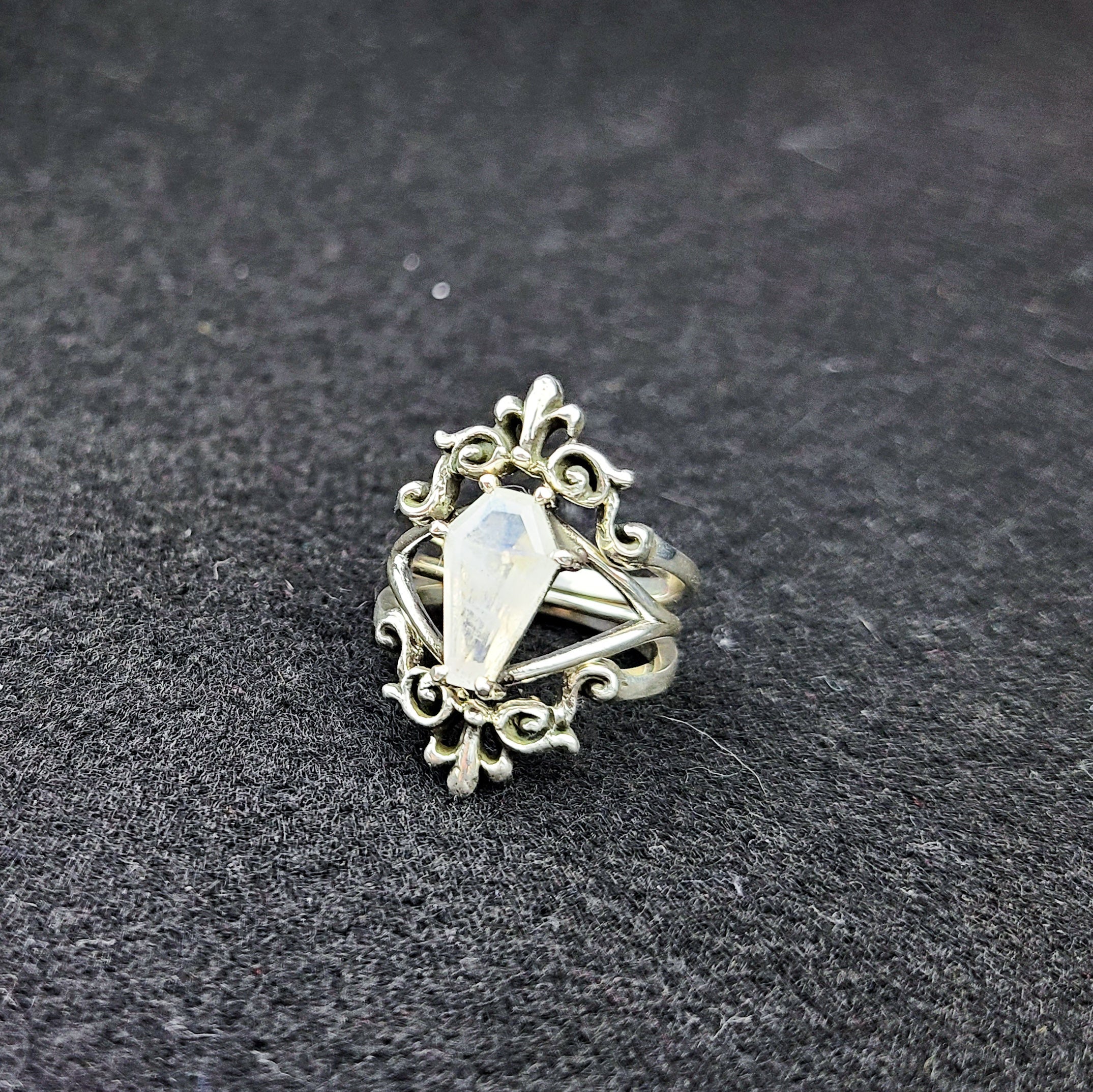 Big Rainbow Moonstone Coffin Ring with Baroque Lace Stacking Ring Combo - Inchoo Bijoux