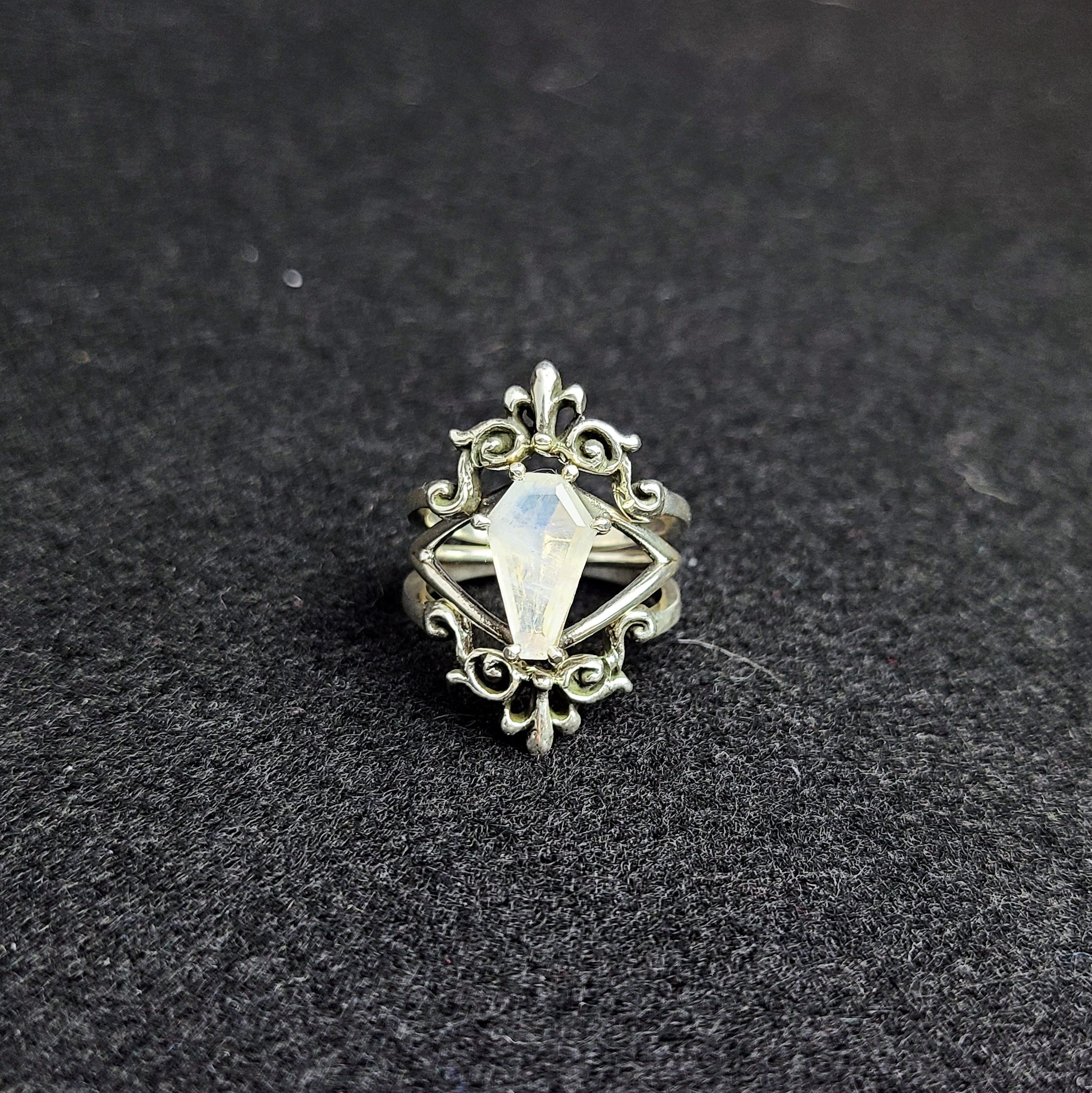 Big Rainbow Moonstone Coffin Ring with Baroque Lace Stacking Ring Combo - Inchoo Bijoux