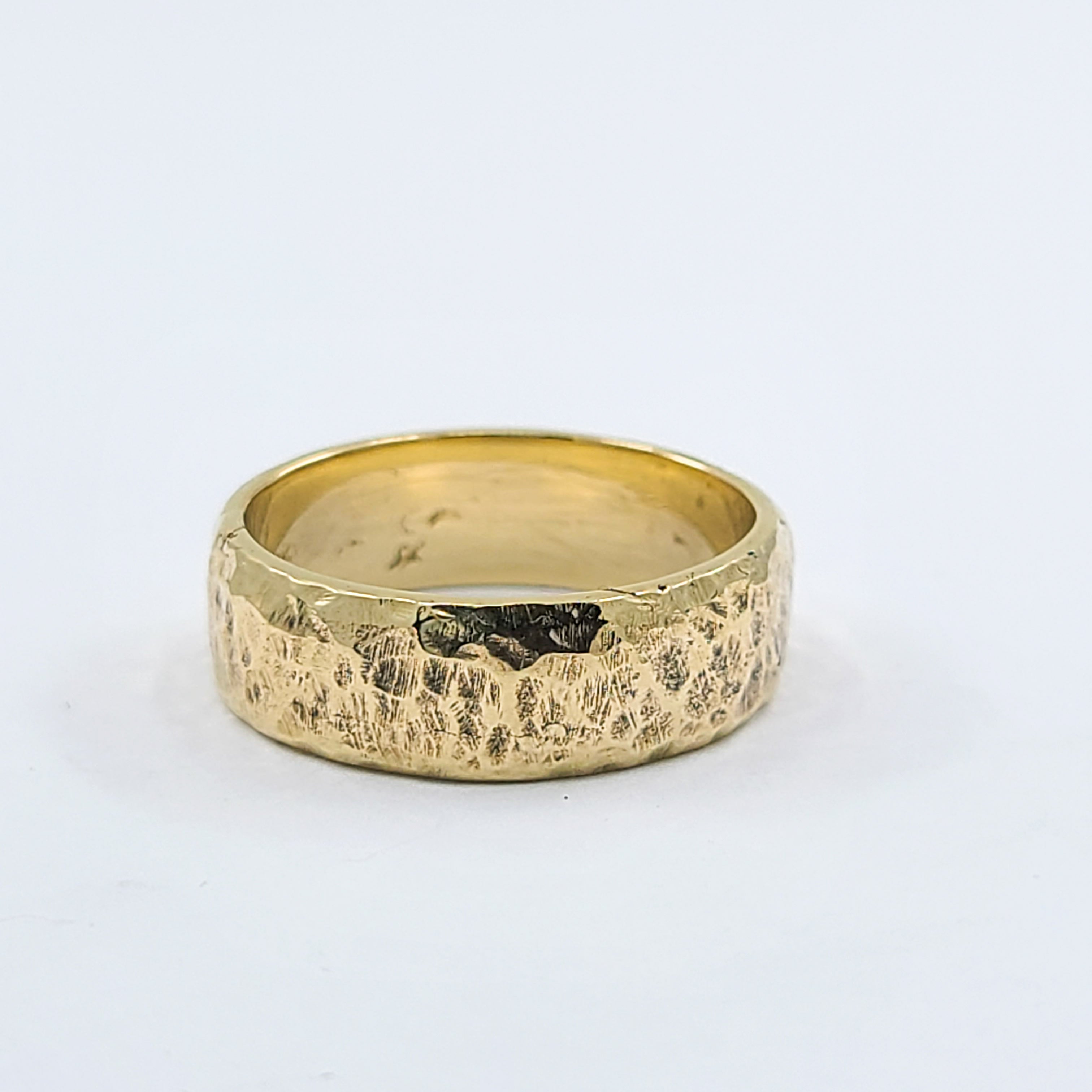 Hammered Rustic Solid Gold Wide Wedding Band - Unisex - 10K 14K