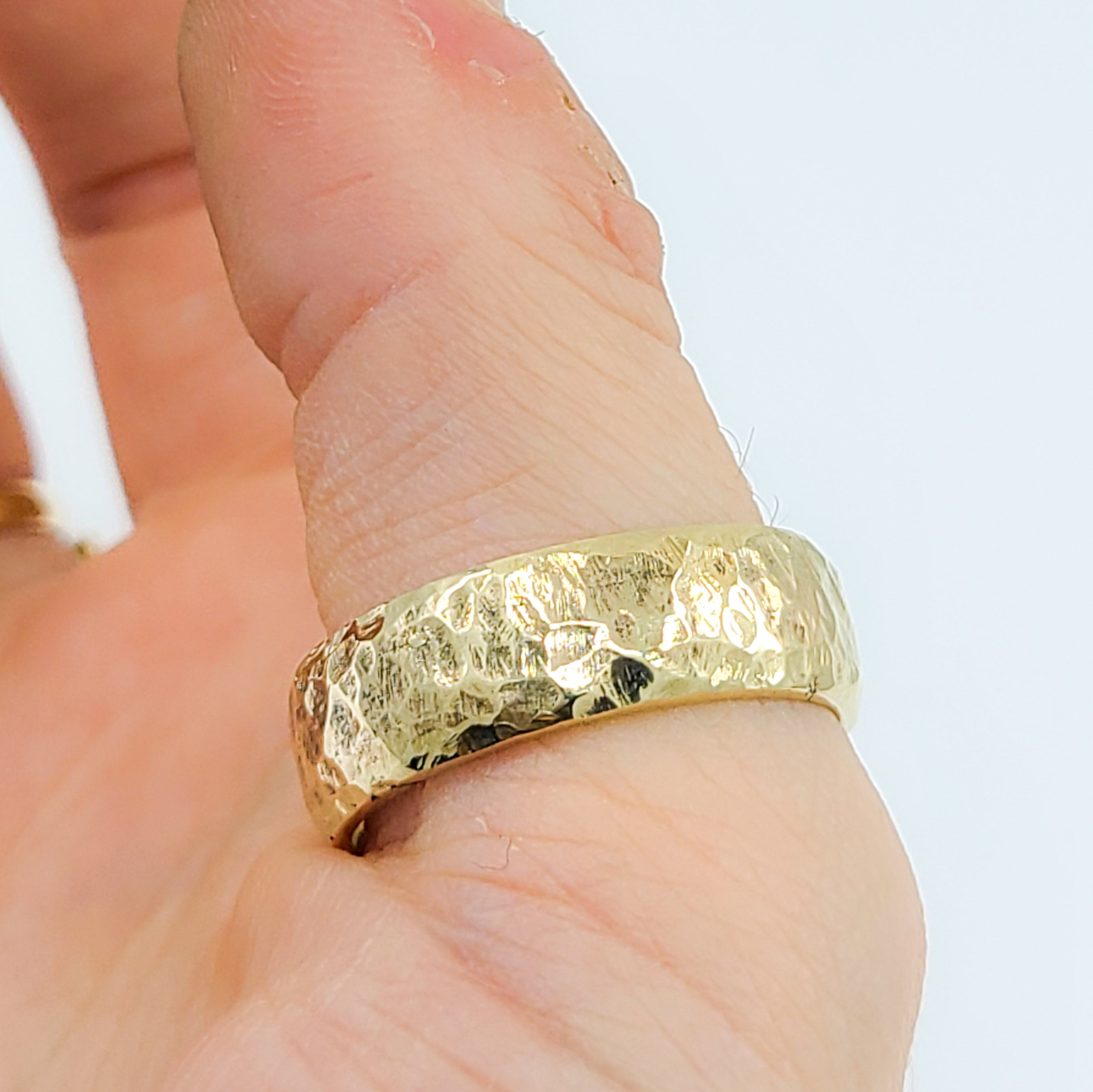 Hammered Rustic Solid Gold Wide Wedding Band - Unisex - 10K 14K