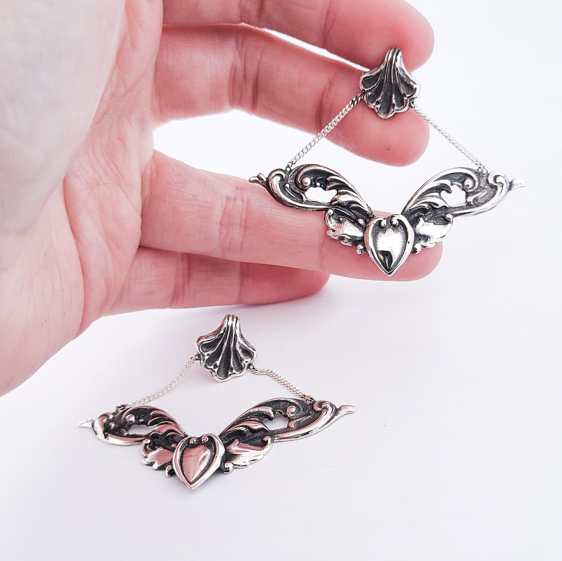 Baroque Love Architectural Earrings, Dangle Heart Ornate Studs