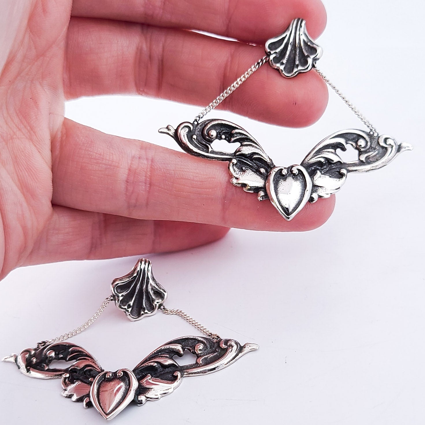 Baroque Love Architectural Earrings, Dangle Heart Ornate Studs