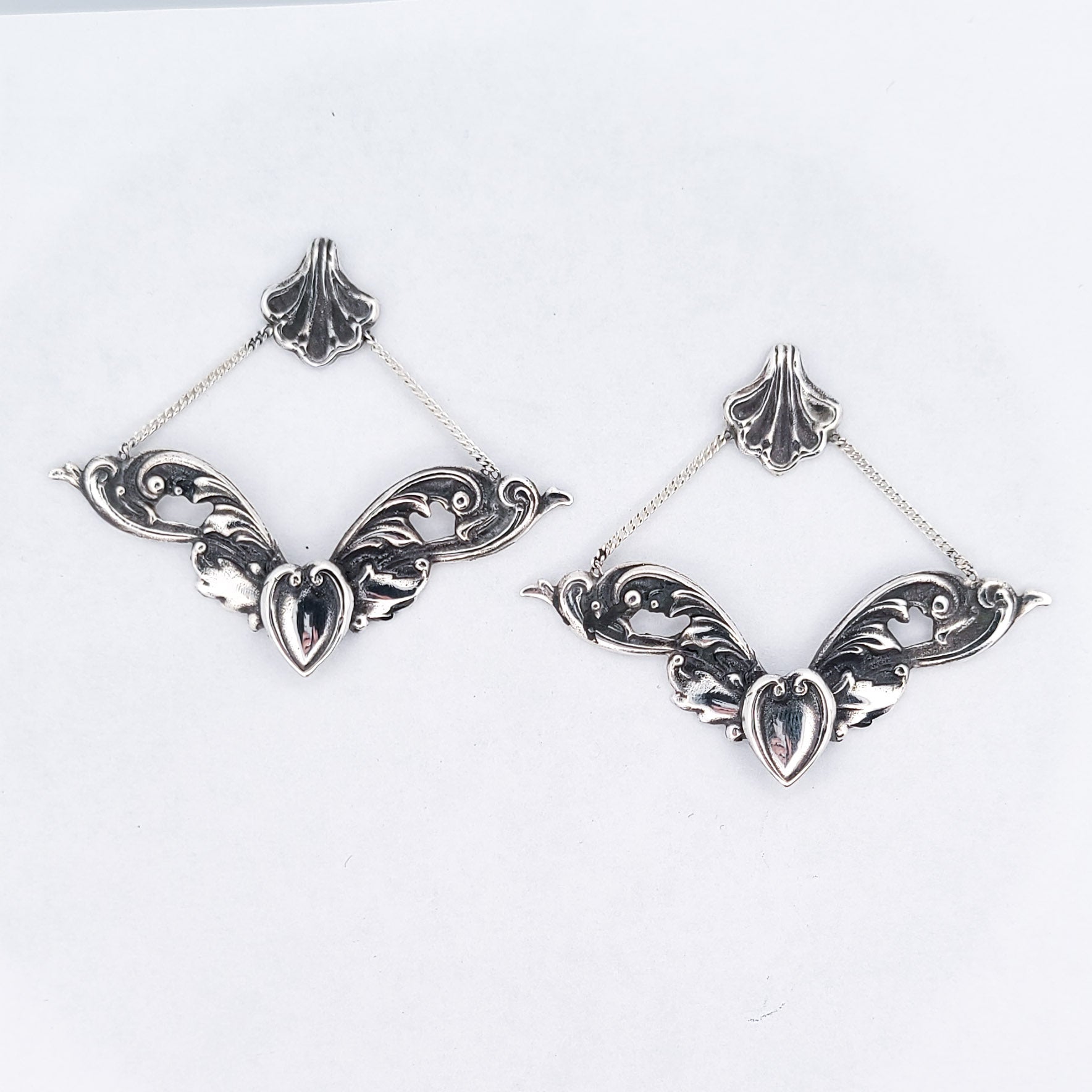 Baroque Love Architectural Earrings, Dangle Heart Ornate Studs