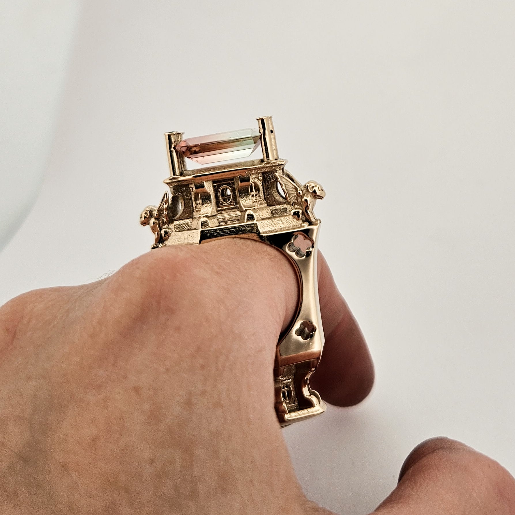 The Protectors - Gargoyles - 14K Yellow Gold, Bi-Color Tourmaline, Morganite and Apple Green Tourmaline Statement Ring
