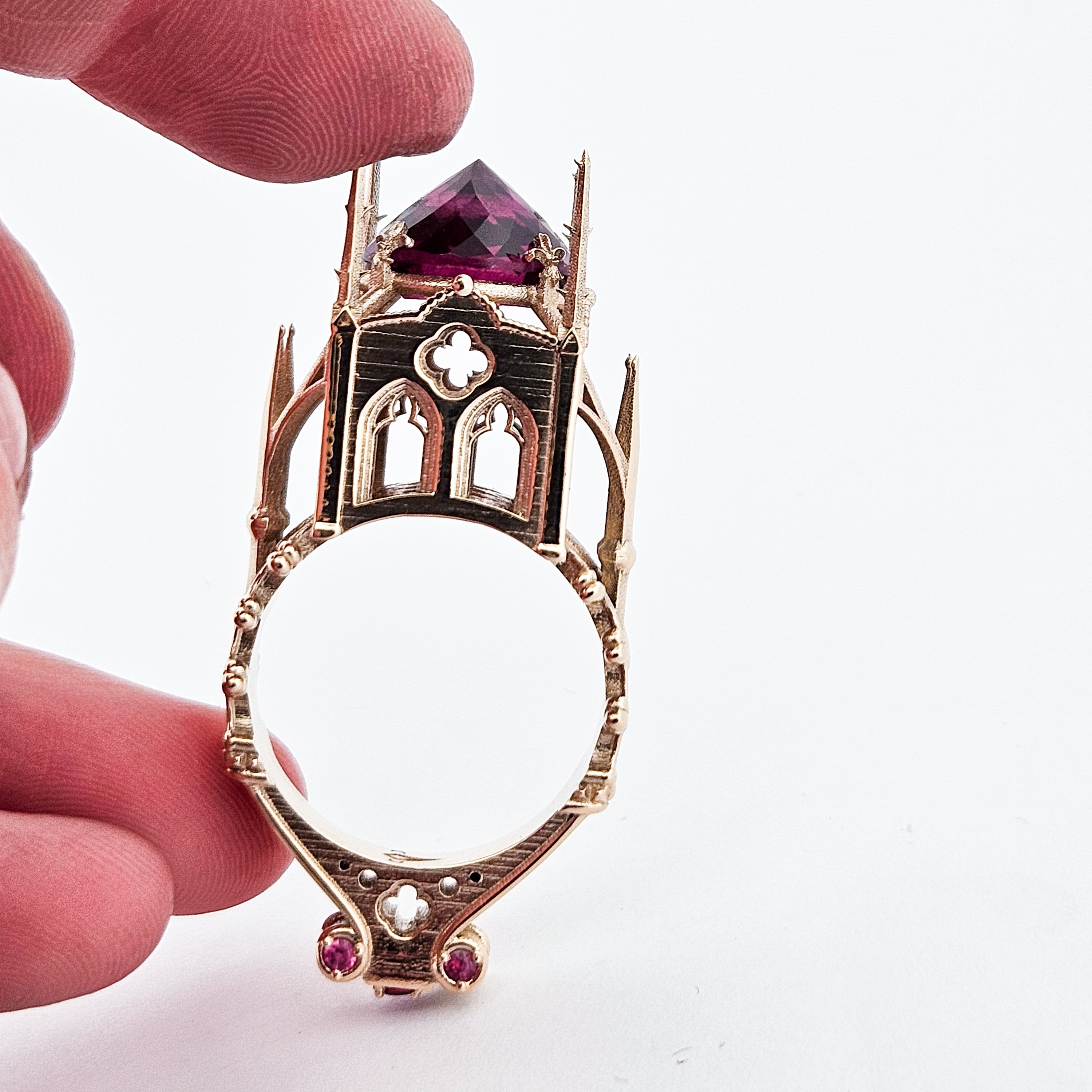 The Temple of Temptations - 14K Yellow Gold, Raspberry Garnet, Pink Spinelle and Ruby Ring