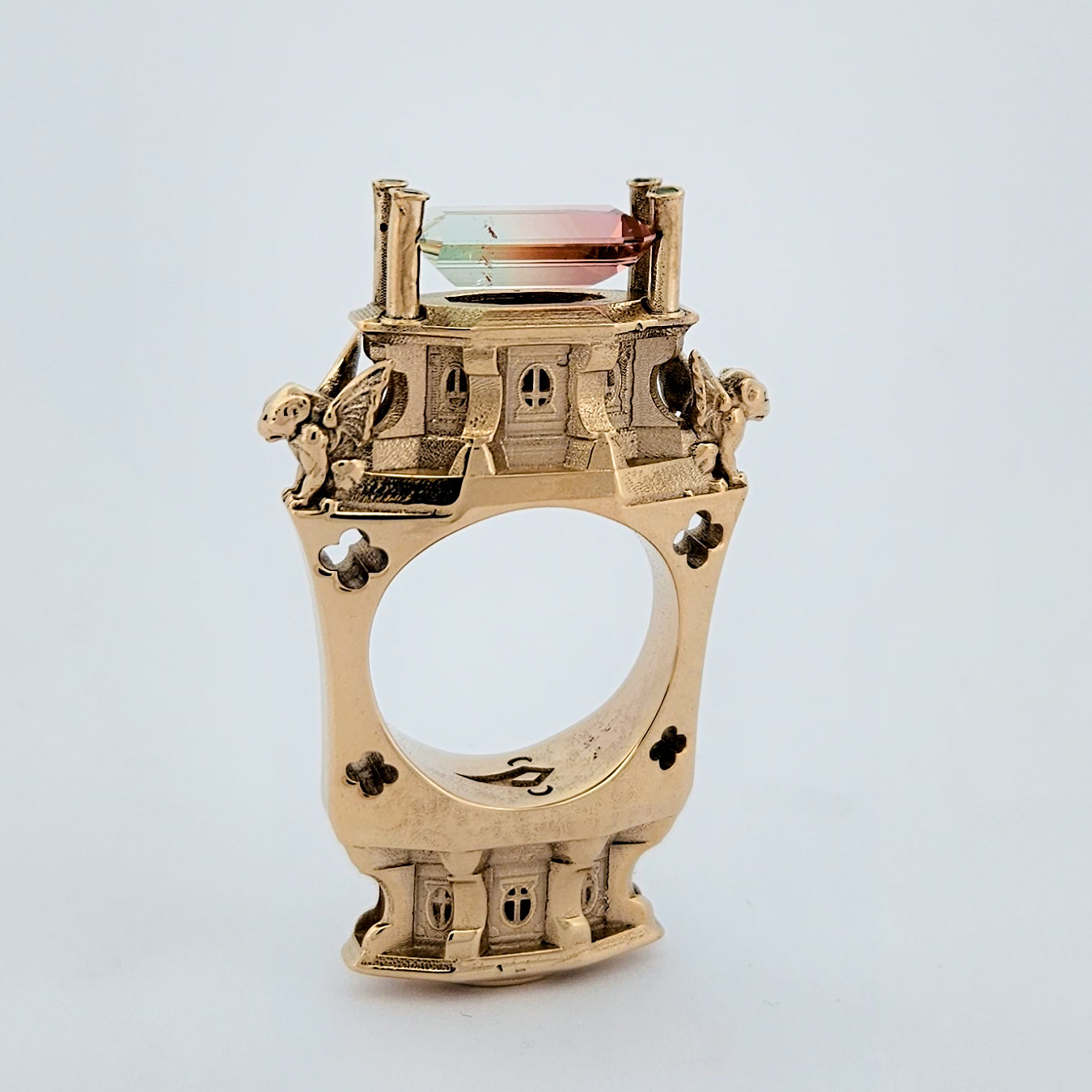 The Protectors - Gargoyles - 14K Yellow Gold, Bi-Color Tourmaline, Morganite and Apple Green Tourmaline Statement Ring