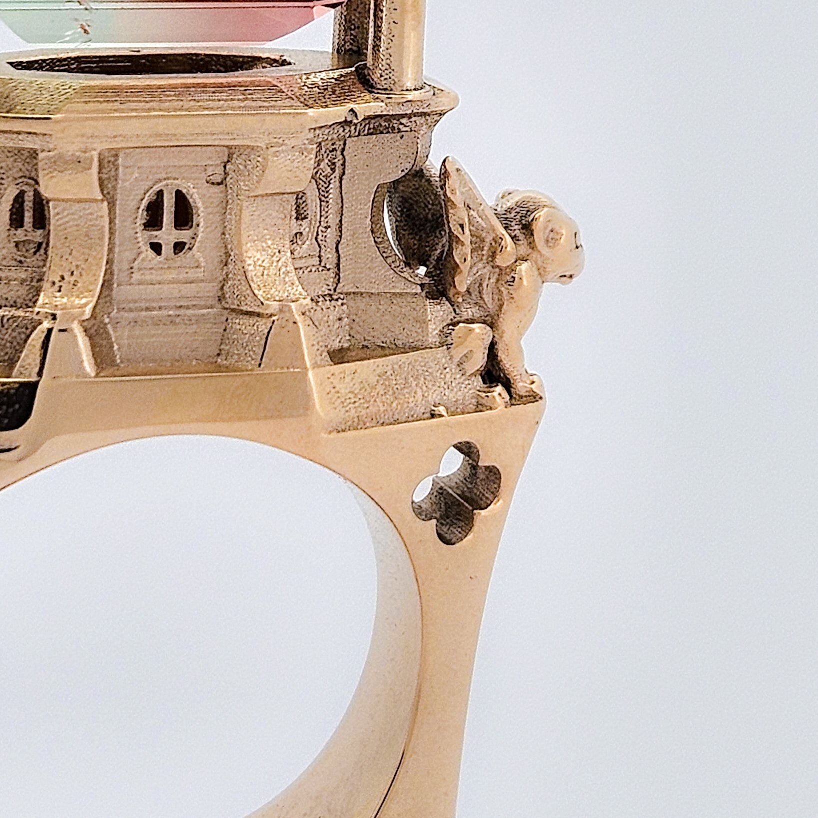 The Protectors - Gargoyles - 14K Yellow Gold, Bi-Color Tourmaline, Morganite and Apple Green Tourmaline Statement Ring