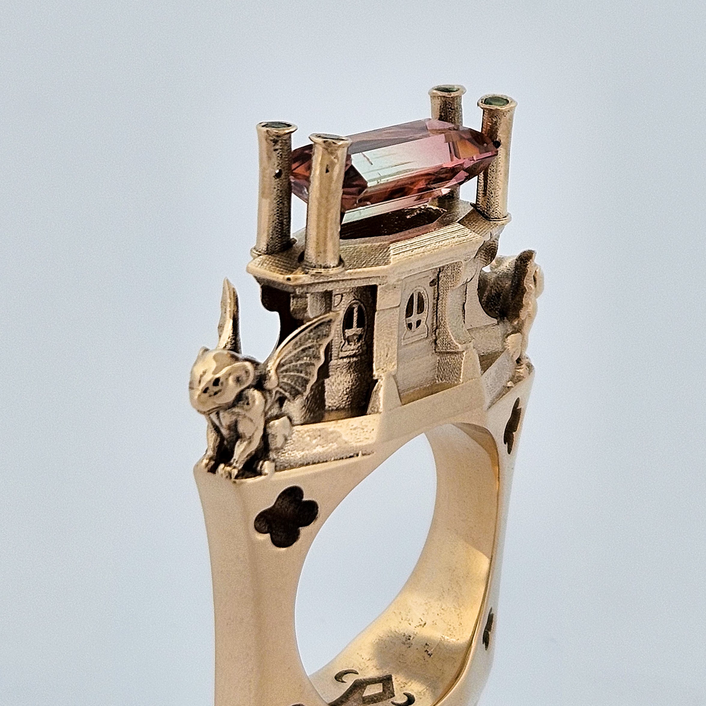 The Protectors - Gargoyles - 14K Yellow Gold, Bi-Color Tourmaline, Morganite and Apple Green Tourmaline Statement Ring