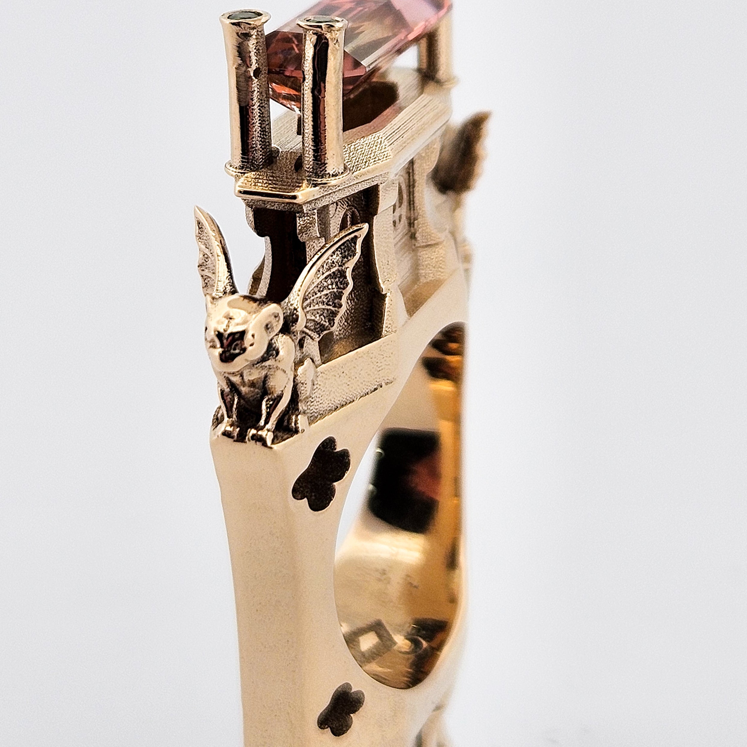 The Protectors - Gargoyles - 14K Yellow Gold, Bi-Color Tourmaline, Morganite and Apple Green Tourmaline Statement Ring