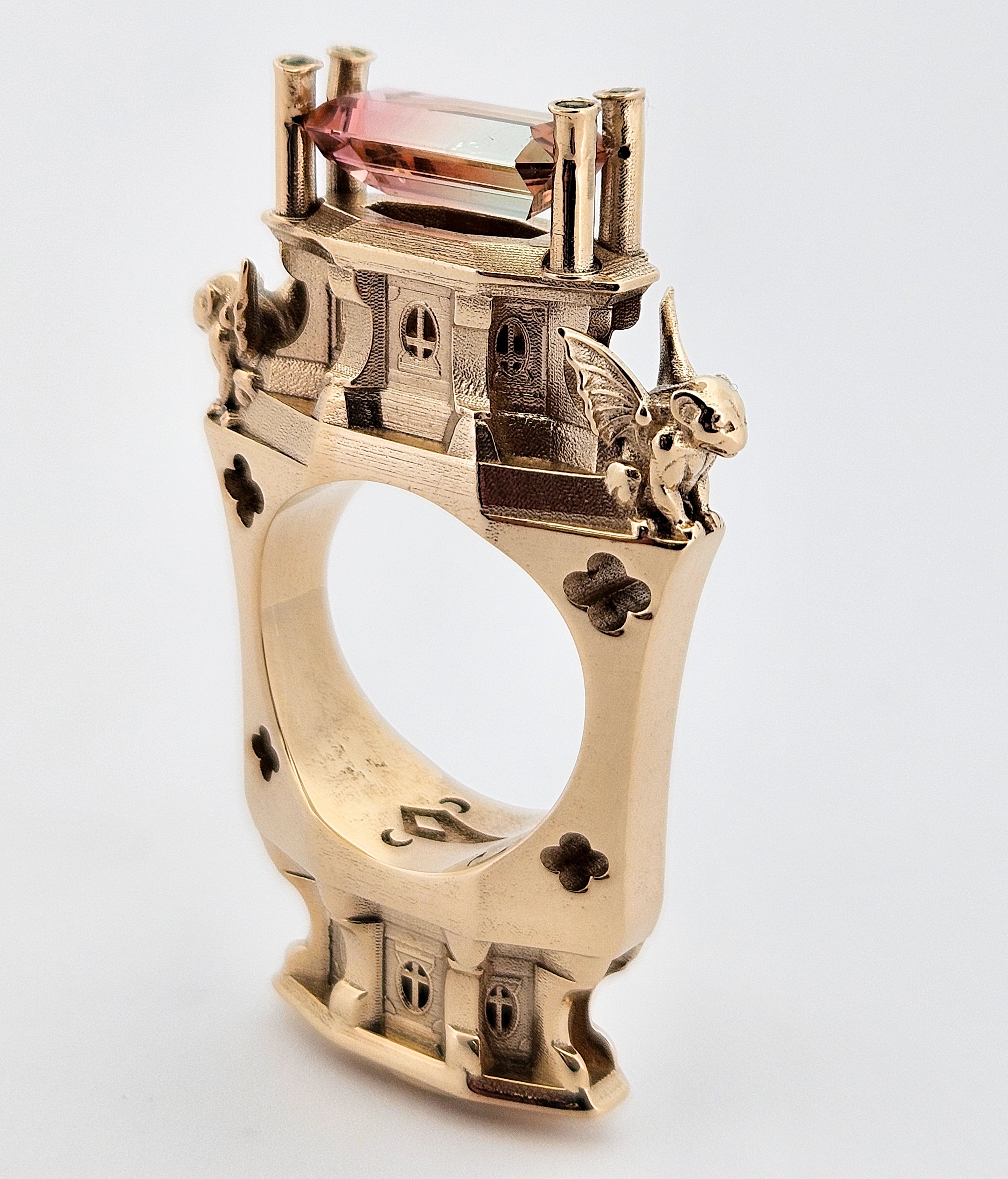 The Protectors - Gargoyles - 14K Yellow Gold, Bi-Color Tourmaline, Morganite and Apple Green Tourmaline Statement Ring