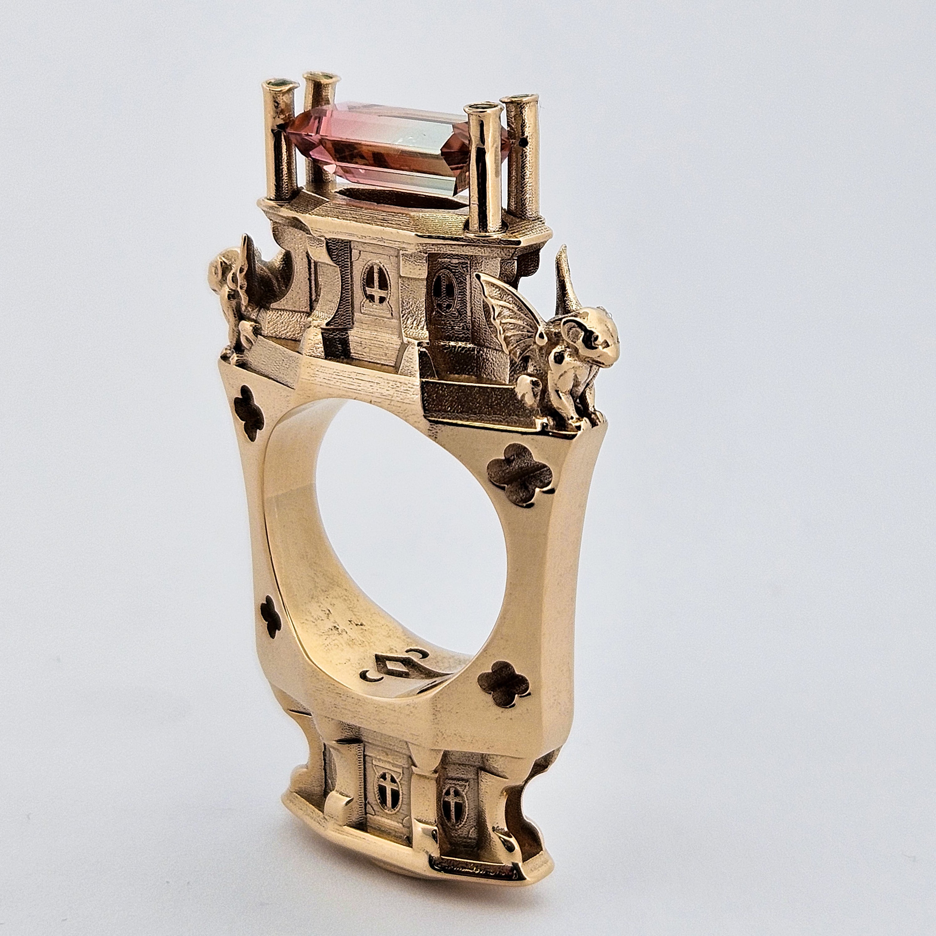 The Protectors - Gargoyles - 14K Yellow Gold, Bi-Color Tourmaline, Morganite and Apple Green Tourmaline Statement Ring