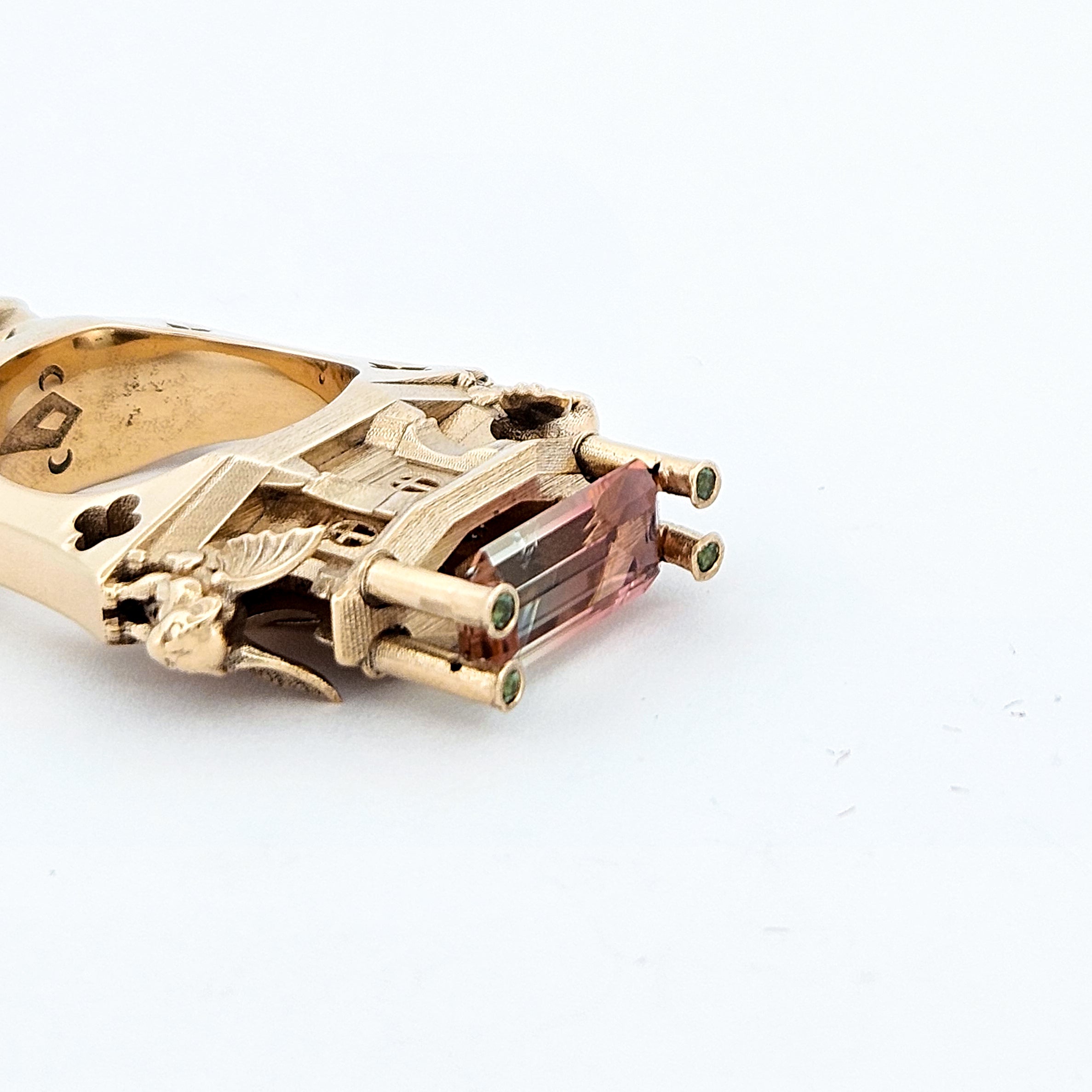 The Protectors - Gargoyles - 14K Yellow Gold, Bi-Color Tourmaline, Morganite and Apple Green Tourmaline Statement Ring