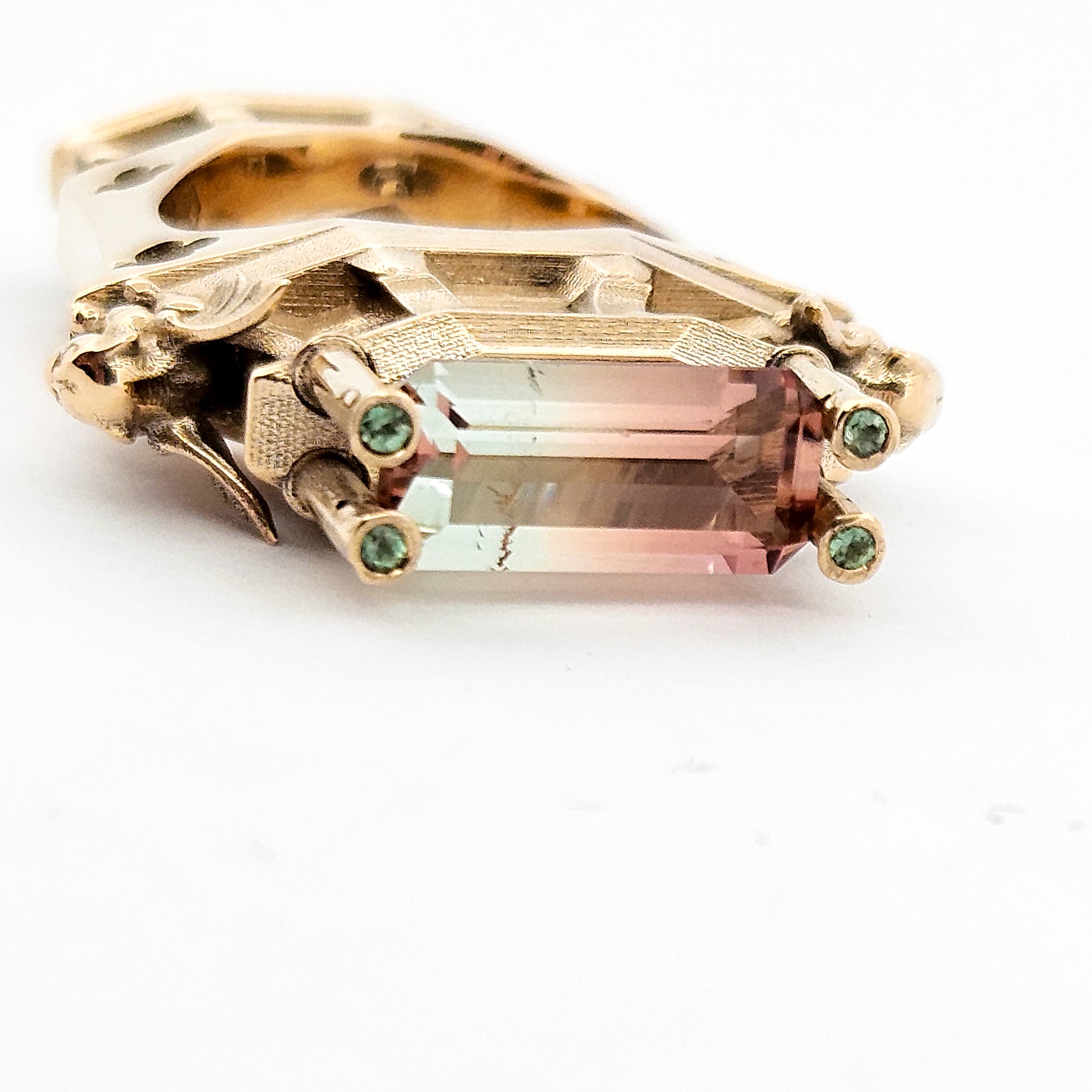 The Protectors - Gargoyles - 14K Yellow Gold, Bi-Color Tourmaline, Morganite and Apple Green Tourmaline Statement Ring