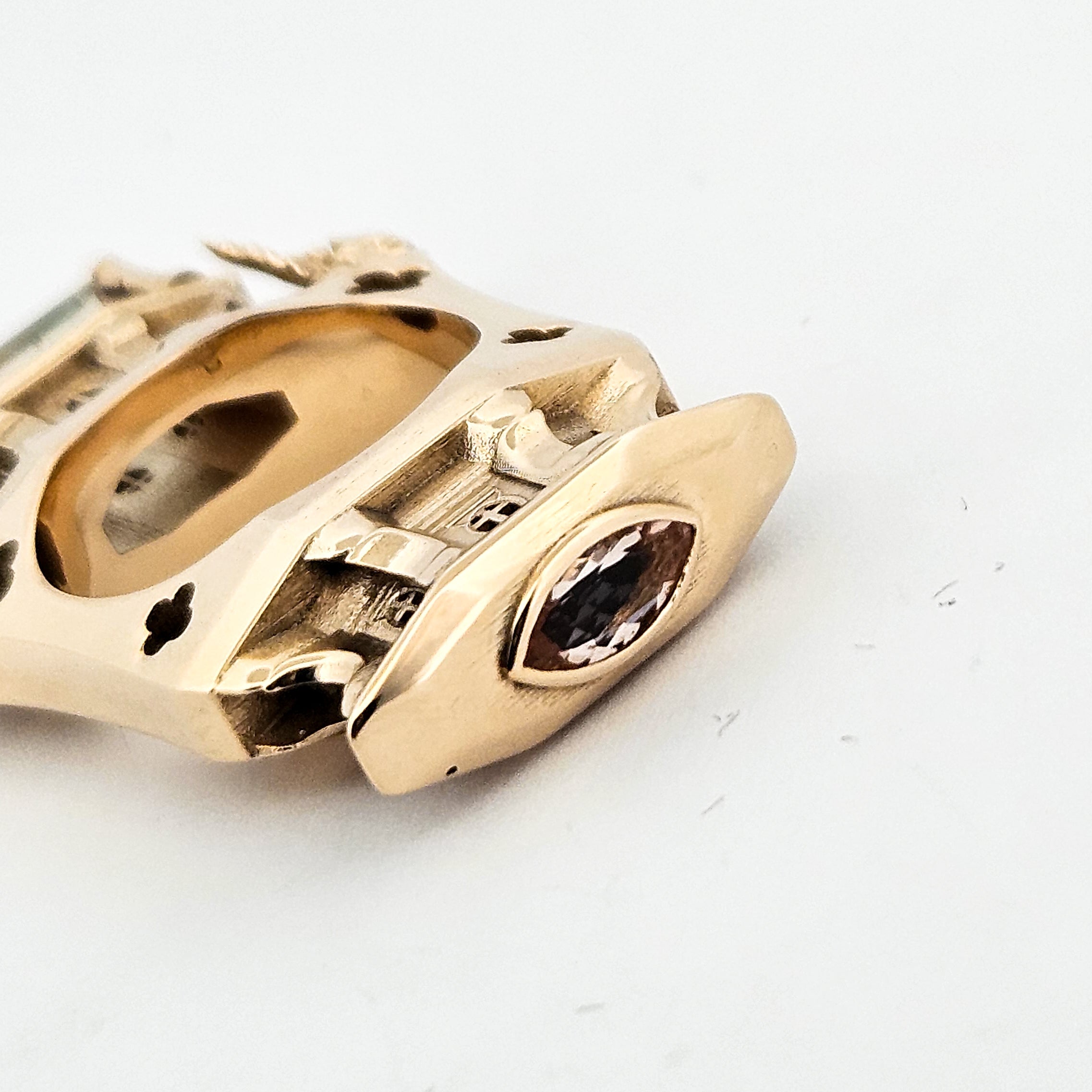 The Protectors - Gargoyles - 14K Yellow Gold, Bi-Color Tourmaline, Morganite and Apple Green Tourmaline Statement Ring
