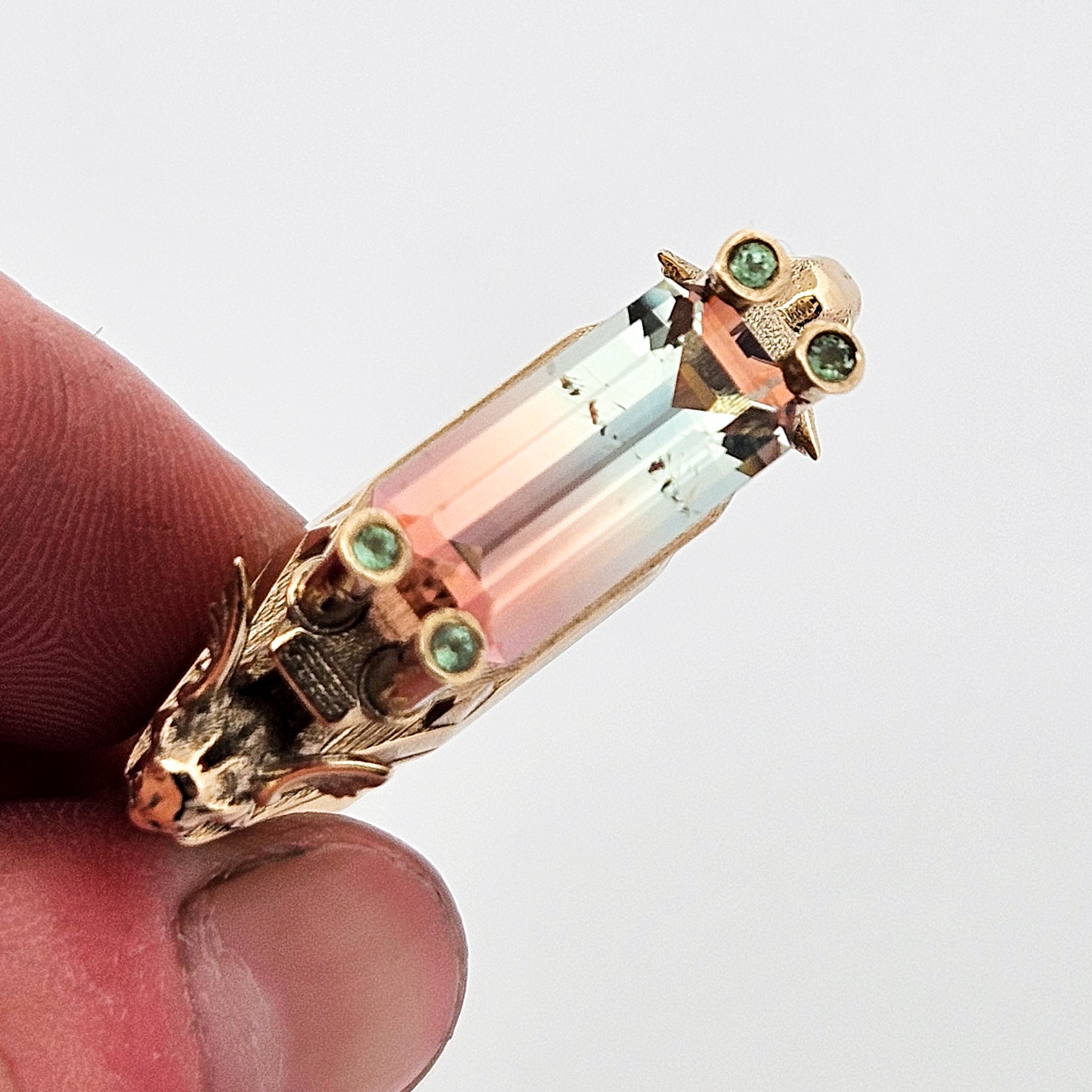 The Protectors - Gargoyles - 14K Yellow Gold, Bi-Color Tourmaline, Morganite and Apple Green Tourmaline Statement Ring