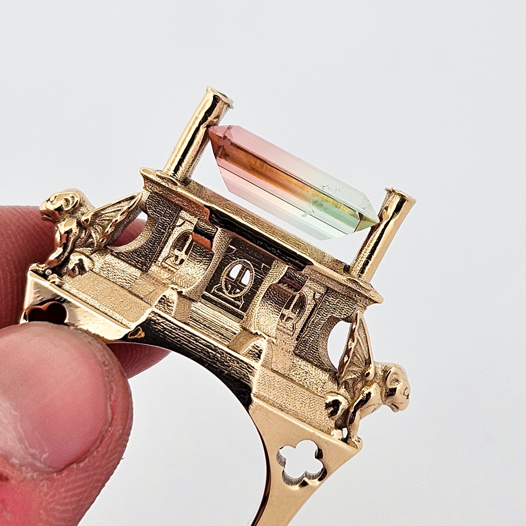 The Protectors - Gargoyles - 14K Yellow Gold, Bi-Color Tourmaline, Morganite and Apple Green Tourmaline Statement Ring