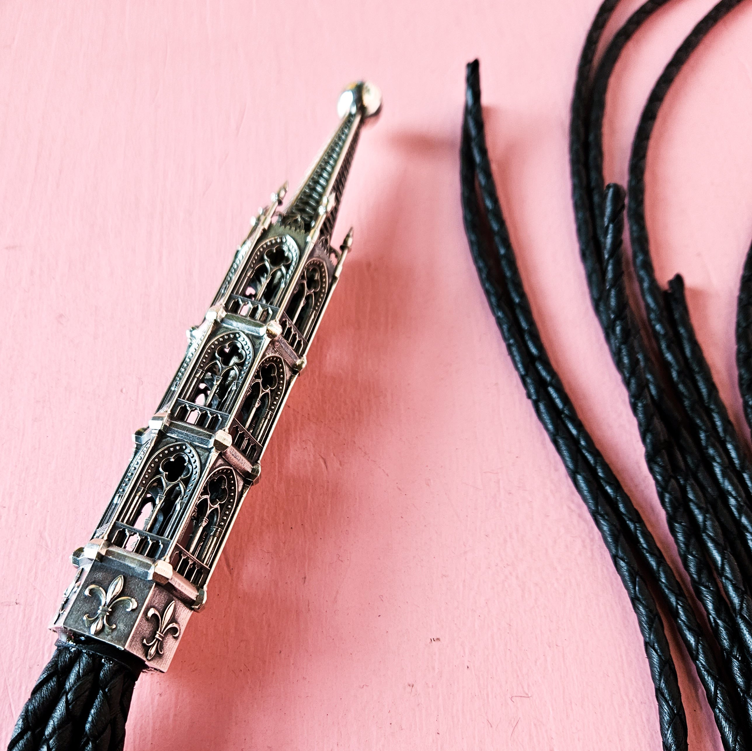 Ornate Gothic Cathedral Flogger in Sterling Silver and Premium Leather