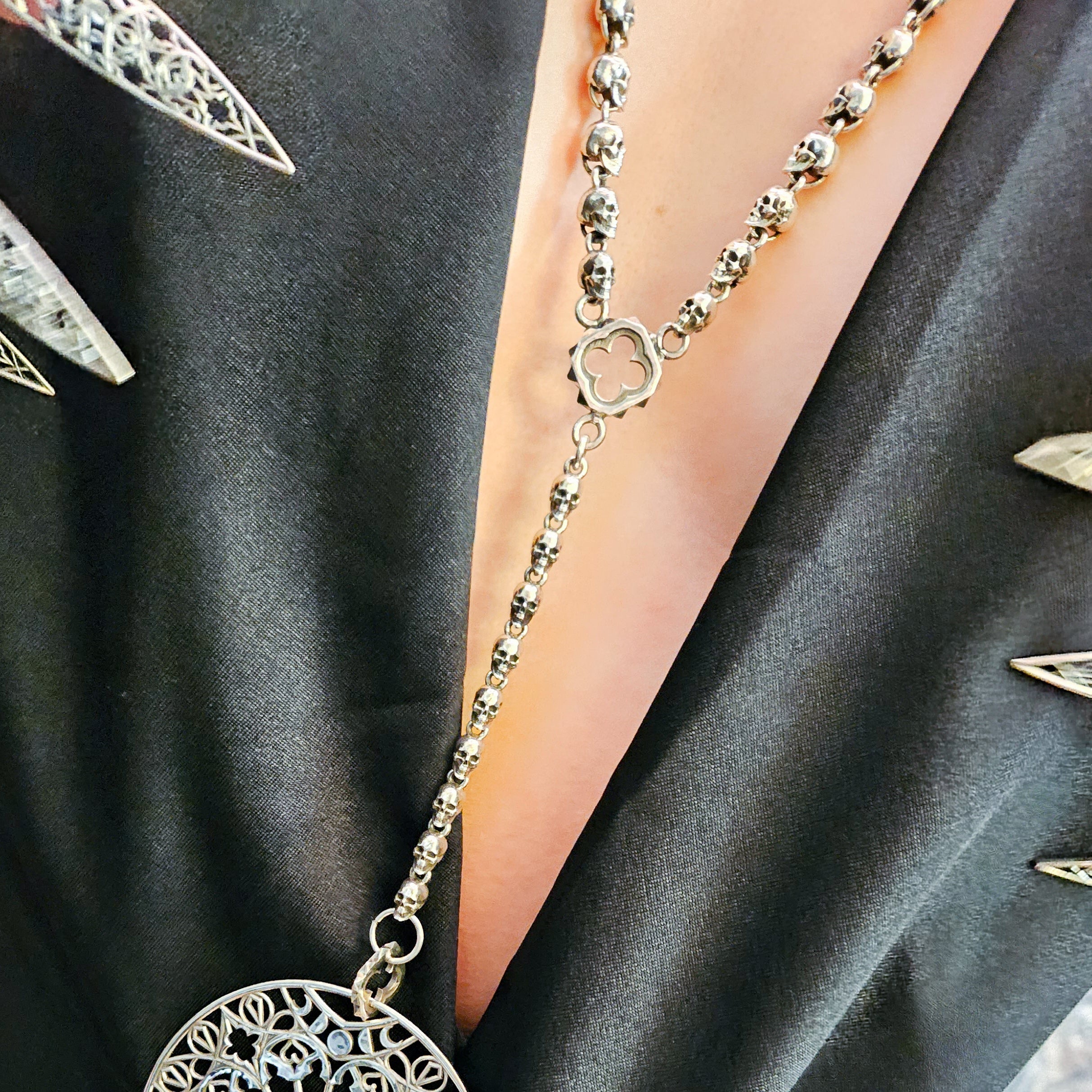 Heavy Stained Glass and Skull Rosary Beads Necklace