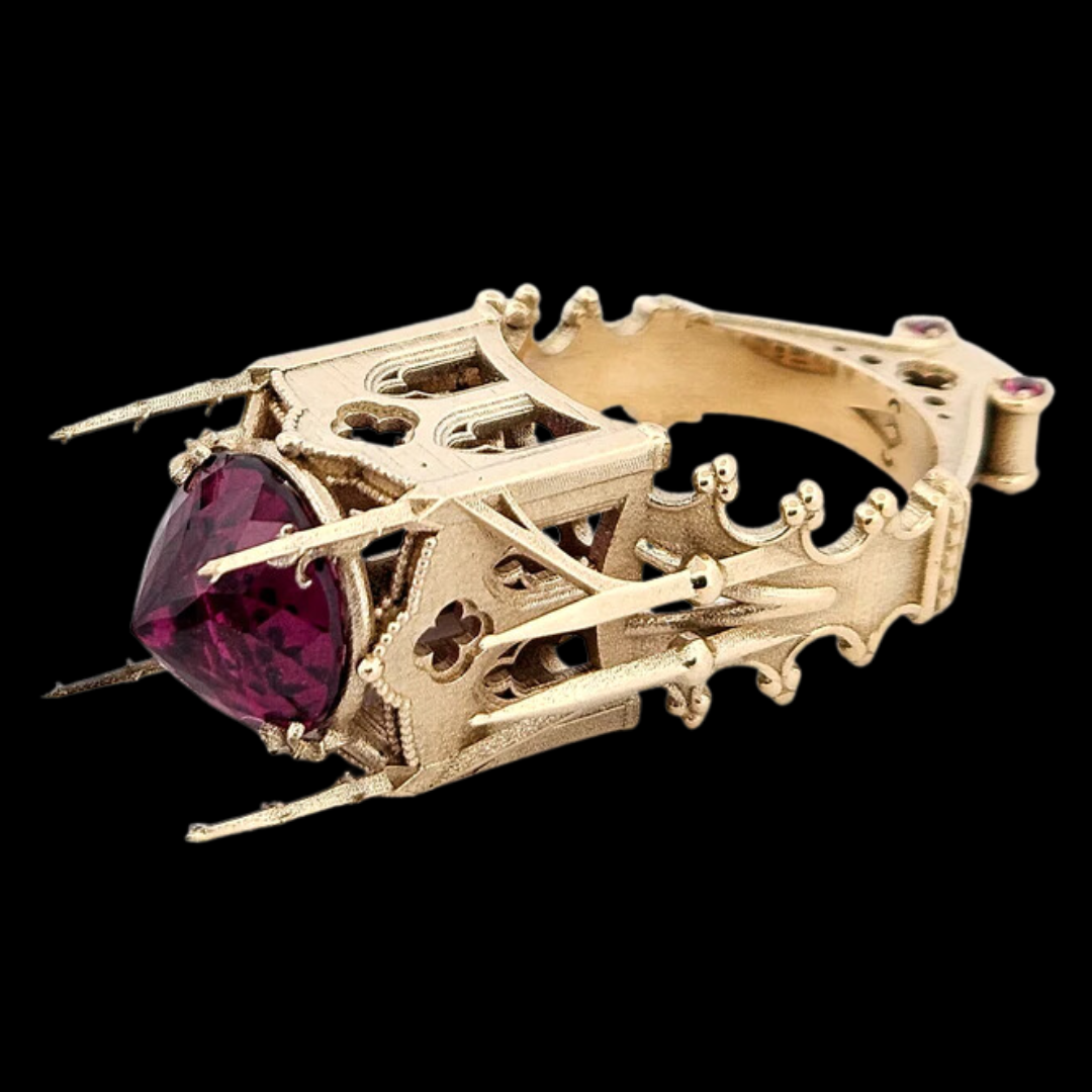 The Temple of Temptations - 14K Yellow Gold, Raspberry Garnet, Pink Spinelle and Ruby Ring
