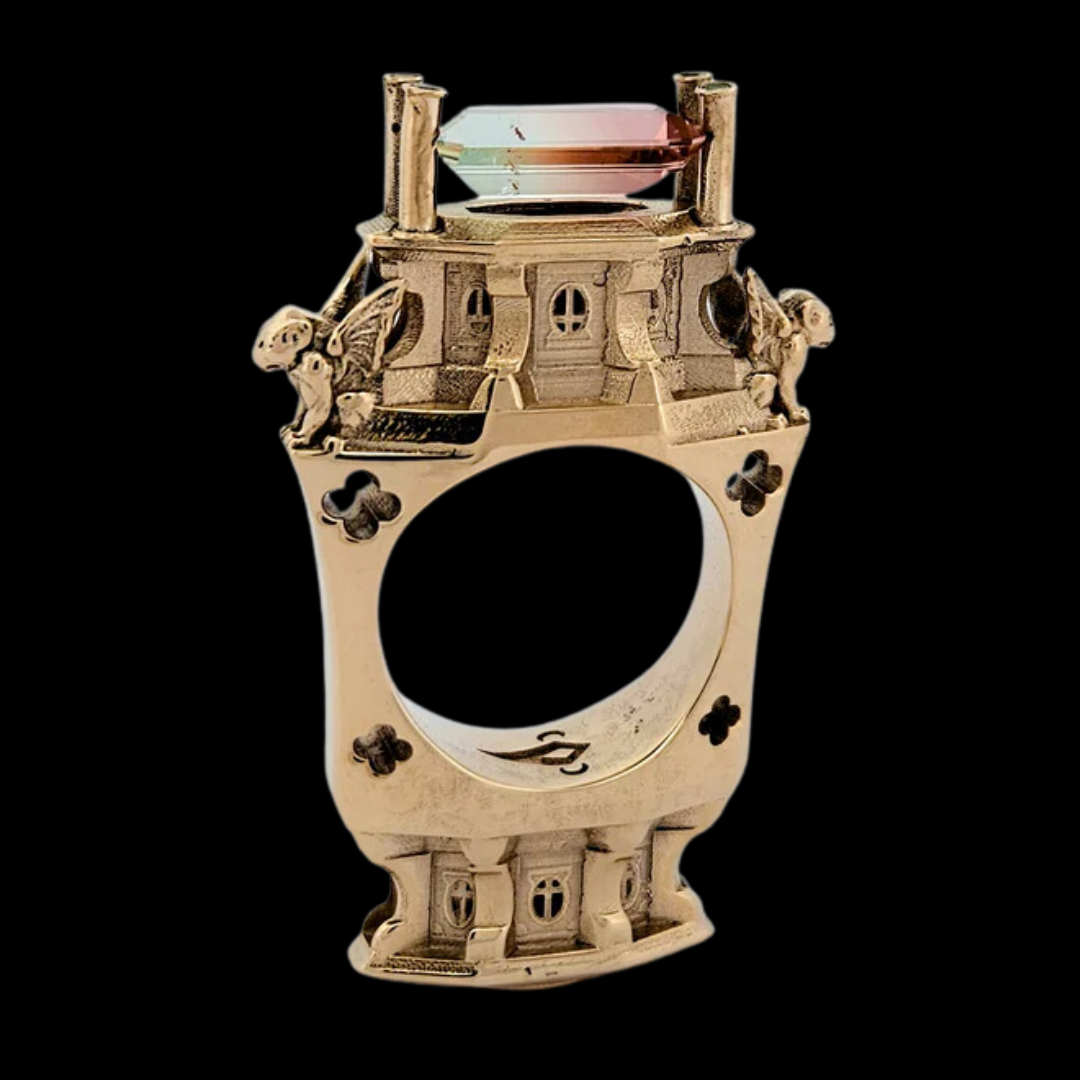 The Protectors - Gargoyles - 14K Yellow Gold, Bi-Color Tourmaline, Morganite and Apple Green Tourmaline Statement Ring