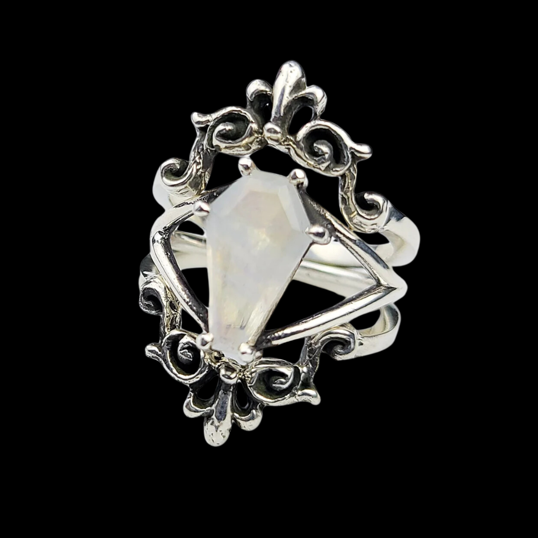 Big Rainbow Moonstone Coffin Ring with Baroque Lace Stacking Ring Combo - Inchoo Bijoux