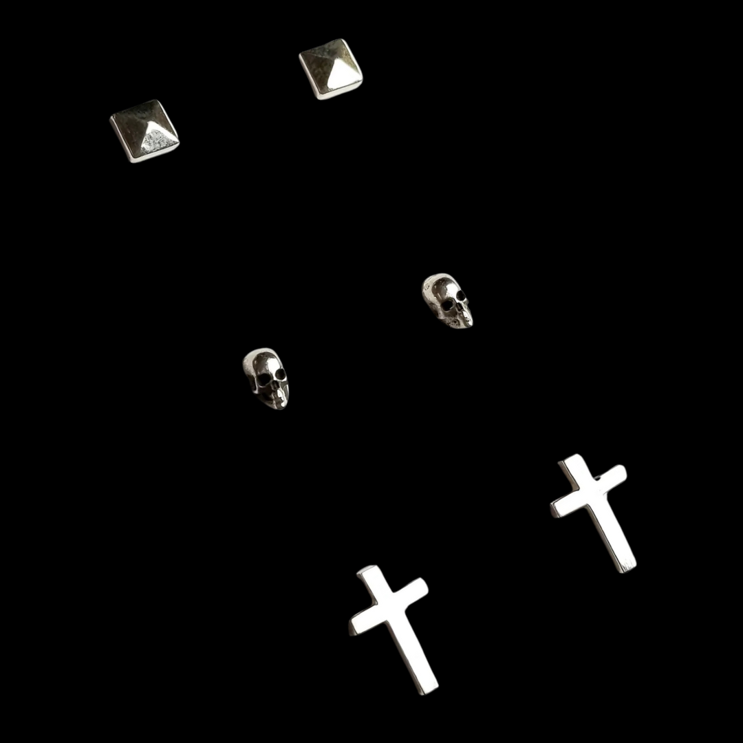 Set of 3 Pairs of Earrings - Skull, Cross & Pyramid Studs - Inchoo Bijoux