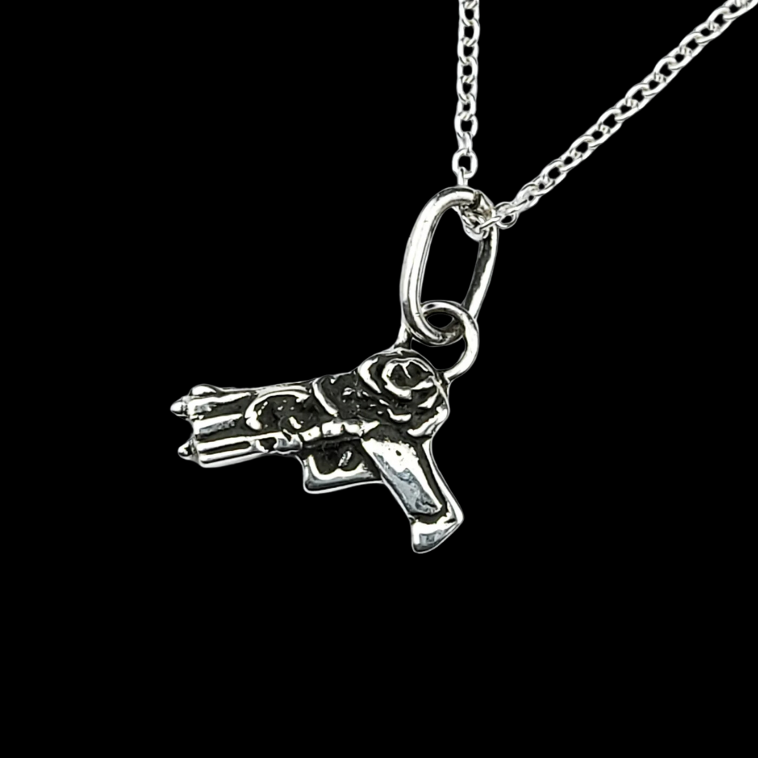 Tiny Silver Gun with Roses Pendant