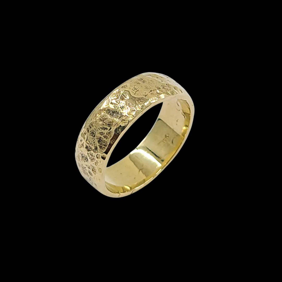Hammered Rustic Solid Gold Wide Wedding Band - Unisex - 10K 14K