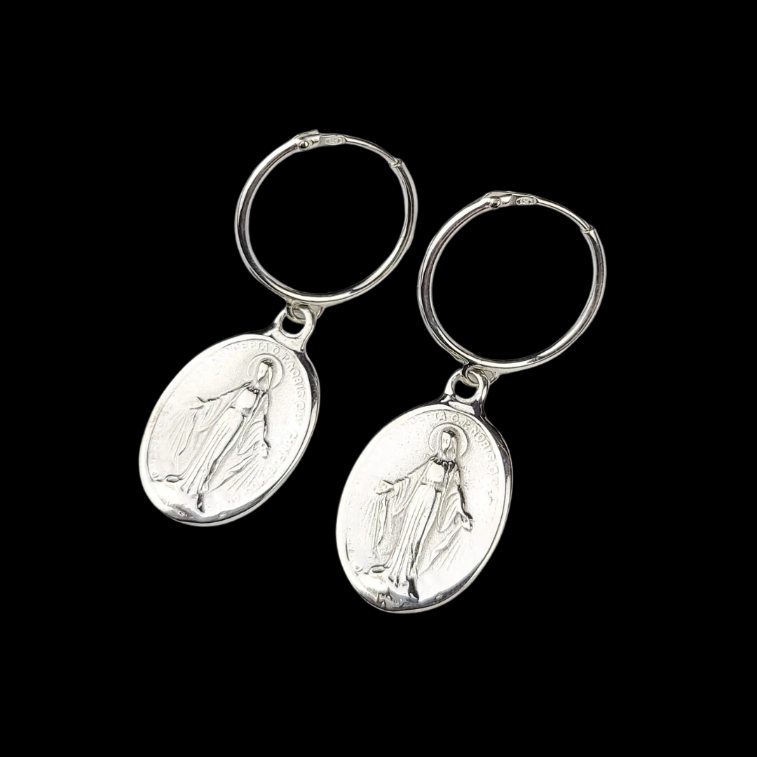 Oval Virgin Mary Medallion Hoop Earrings